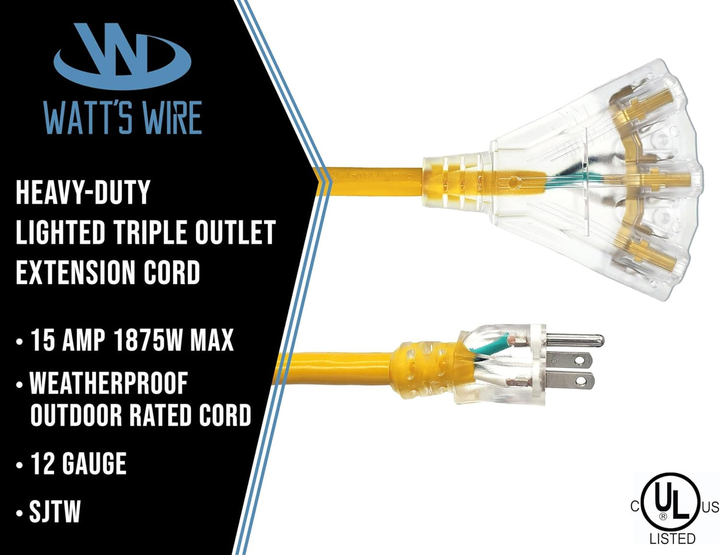 10 ft - 12 Gauge Heavy Duty Extension Cord - 3 Outlet Lighted SJTW - Indoor/Outdoor Extension_Cord by Watt's Wire - 10' 12-Gauge Grounded 15 Amp ExtensionCord Splitter