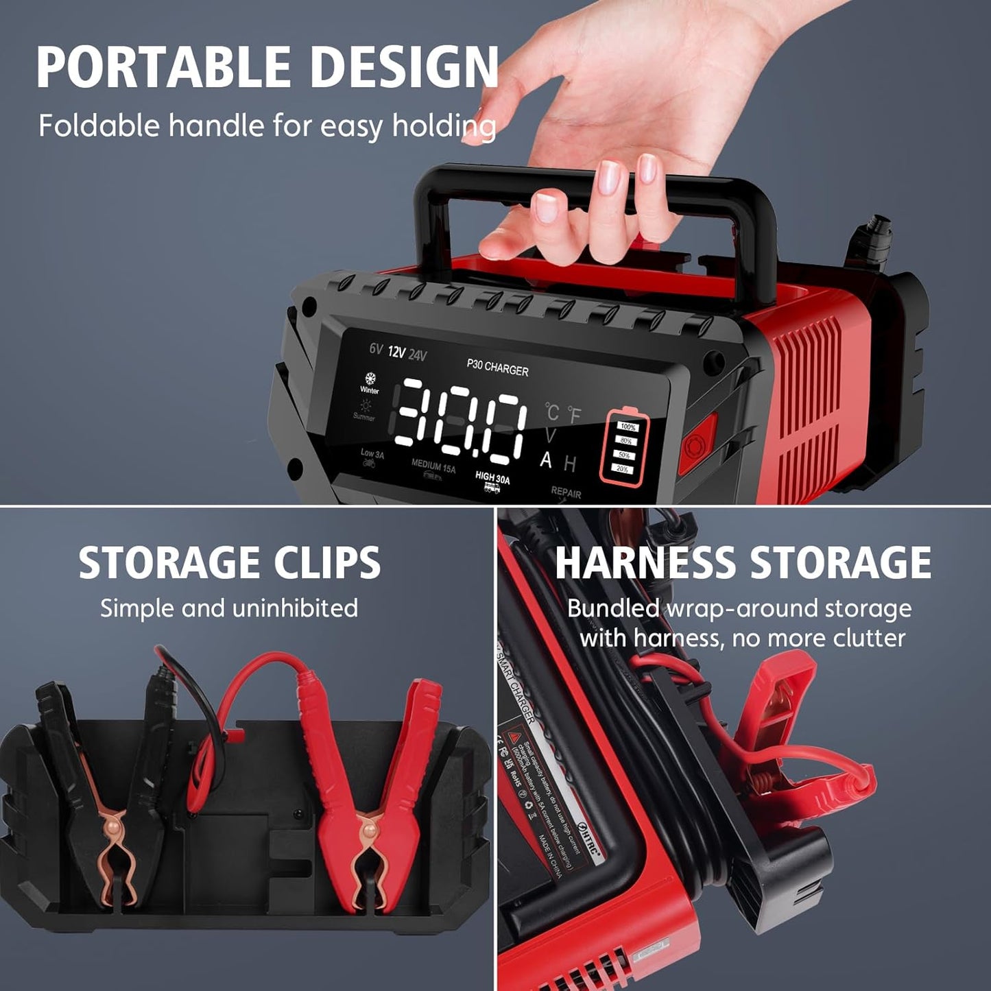 30 Amp 6V/12V/24V Smart Trickle Charger, Car Battery Charger, Lithium, Lifepo4, Lead Acid (AGM/Gel/SLA) Battery Maintainer, Desulfurizer, For: Car, Boat, Motorcycle, Lawn Mowers