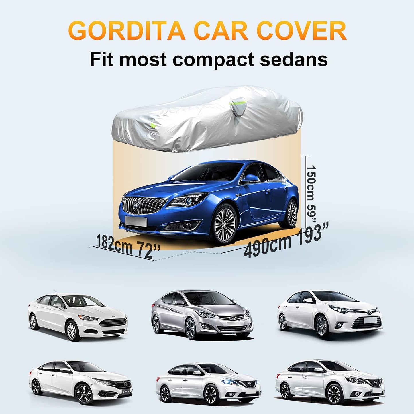 Car Cover, GORDITA Car Covers Waterproof All Weather Snowproof Windproof Scratch Resistant Outdoor UV Protection with 6 Reflective Strips, Size 3XL Universal Fit for Sedan (Up to 193")