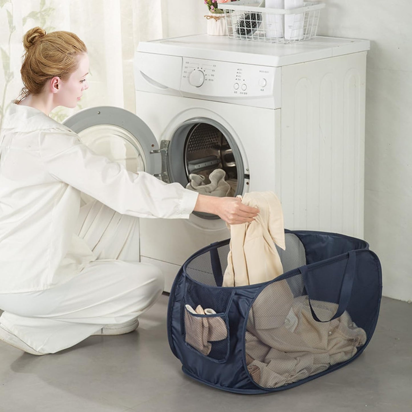 HONOMA Sturdy Mesh Laundry Hamper Basket Bag,Pop up Basket with Side Pocket for Laundry Room, Bathroom, Kids Room, College Dorm or Travel (Pop Horizontal, White)