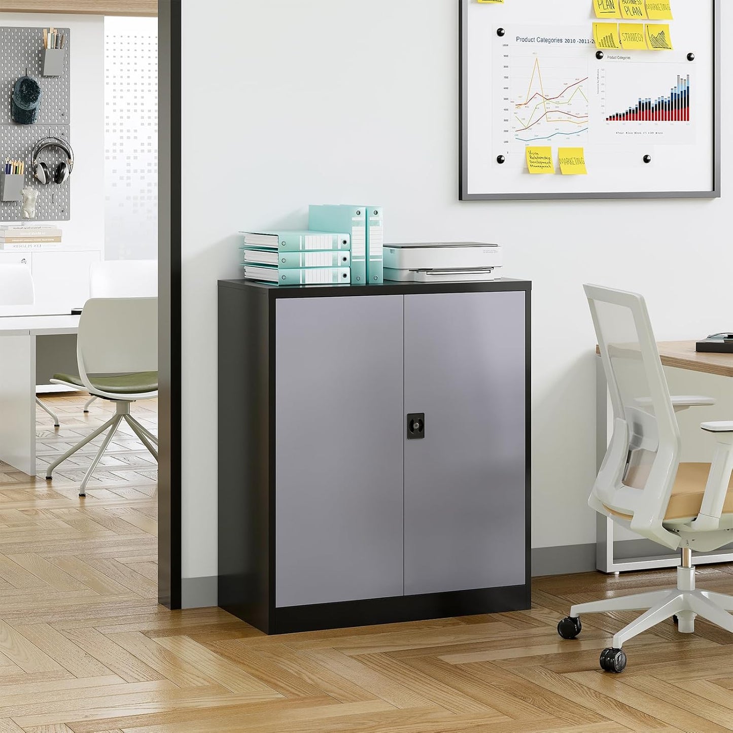 Metal Storage Cabinet, Lockable Storage Cabinet with 2 Doors and Shelves, Metal Cabinet with Lock, Small Lockable Metal Cabinet for Home Office(Black Grey)