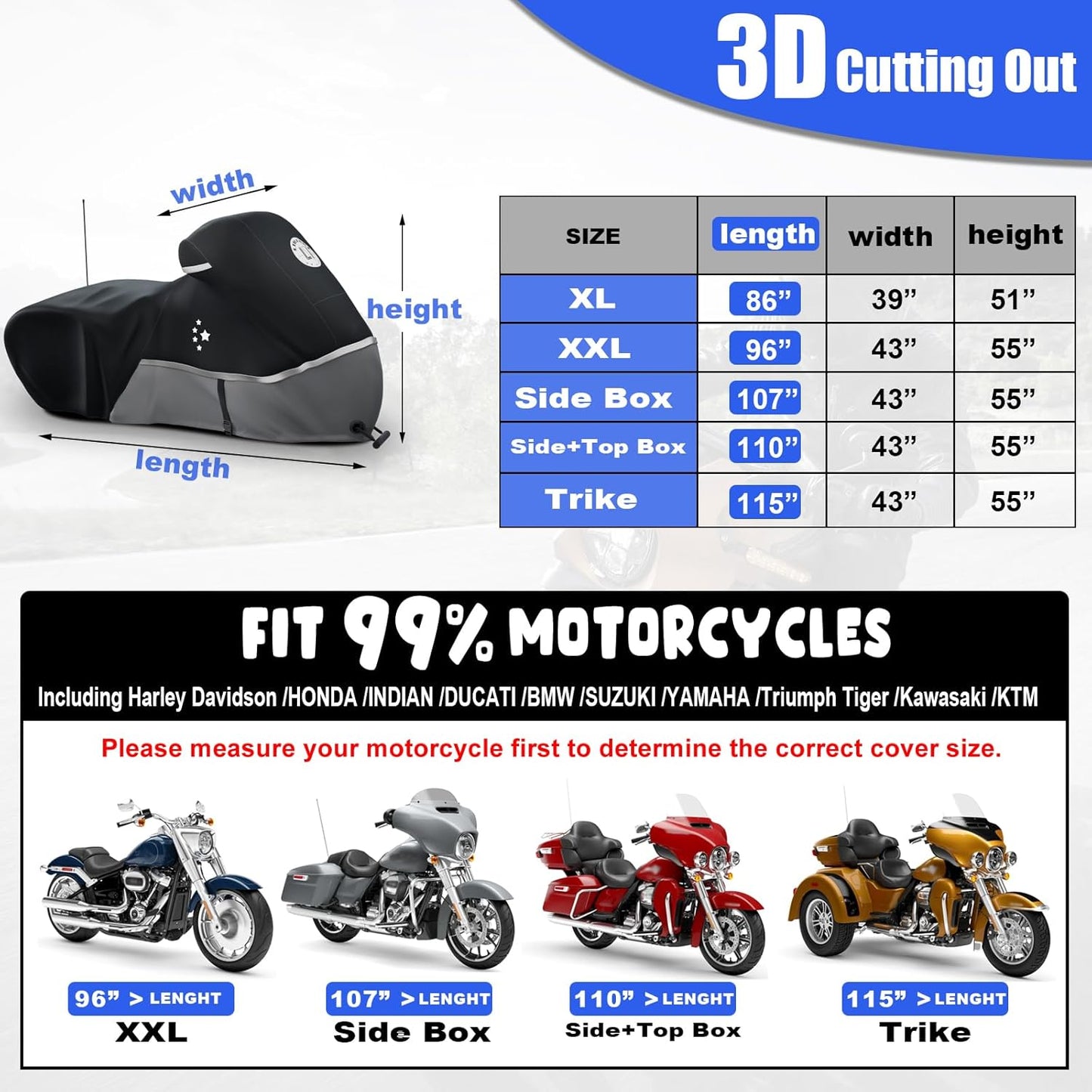 Motorcycle Cover 420D Heavy Duty All Season Universal Weather Waterproof Outdoor Protection 86" XL Vehicle Cover/Black/Gray
