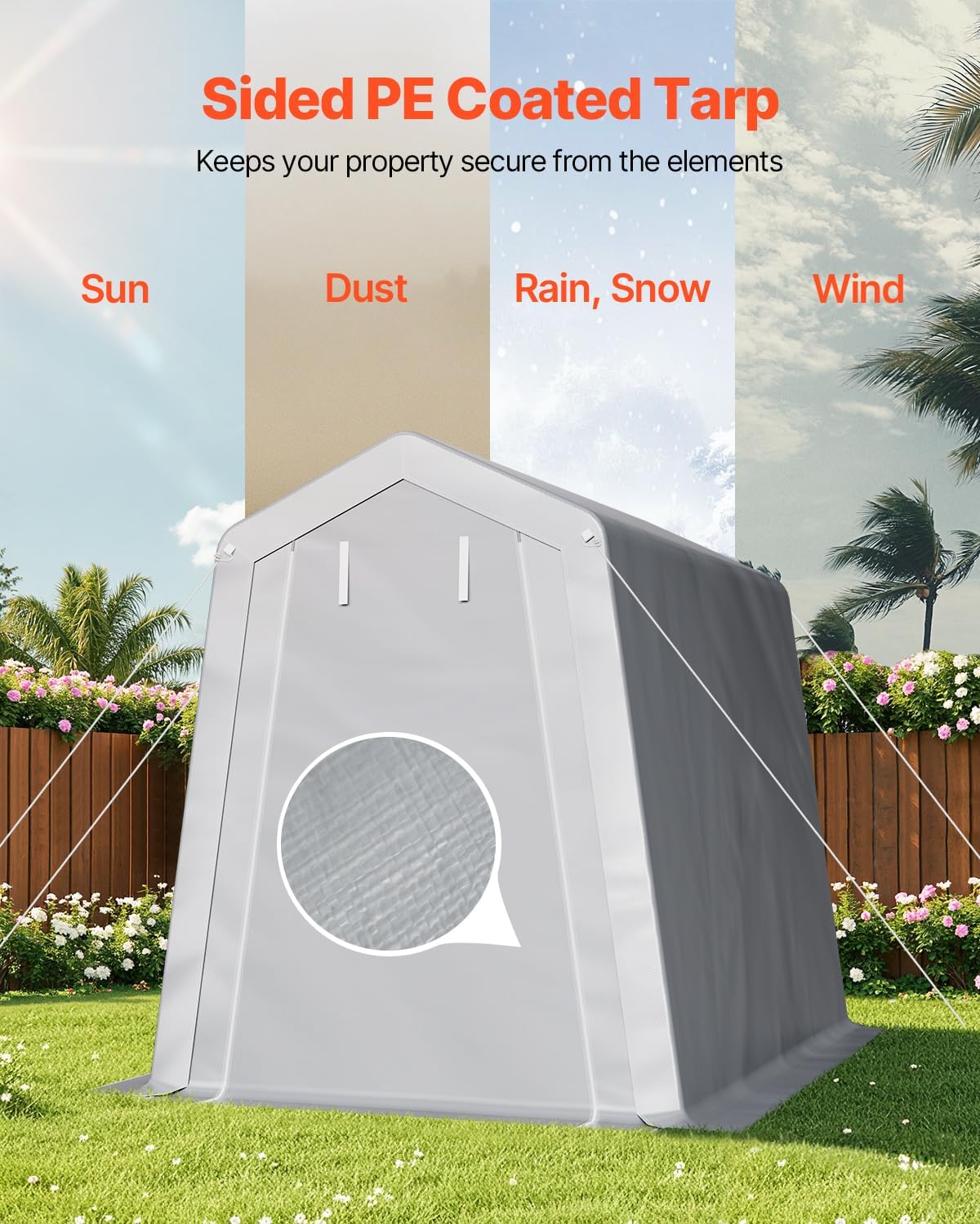 VEVOR 6x8x7 FT Portable Outdoor Storage Shed, Heavy-Duty Waterproof Shelter with Roll-Up Zipper Door & Vents, UV-Resistant Carport for Motorcycle, Bike, Lawn Mower, Tools �Gray