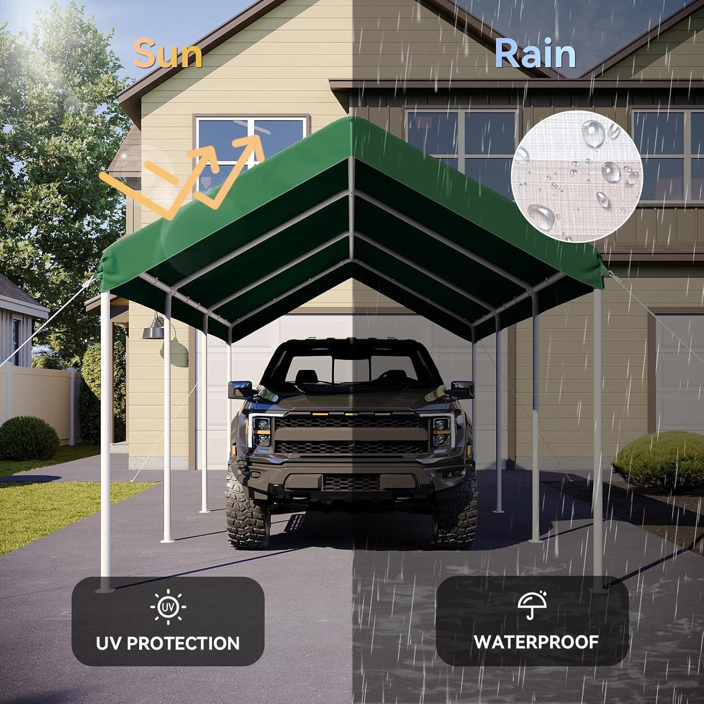 Aoxun 10x20 ft Heavy Duty Carport with Tarp & Wind Resistance Portable Carport Car Tent Outdoor Car Port with Tear Resistant Canopy, No Sidewall - Green