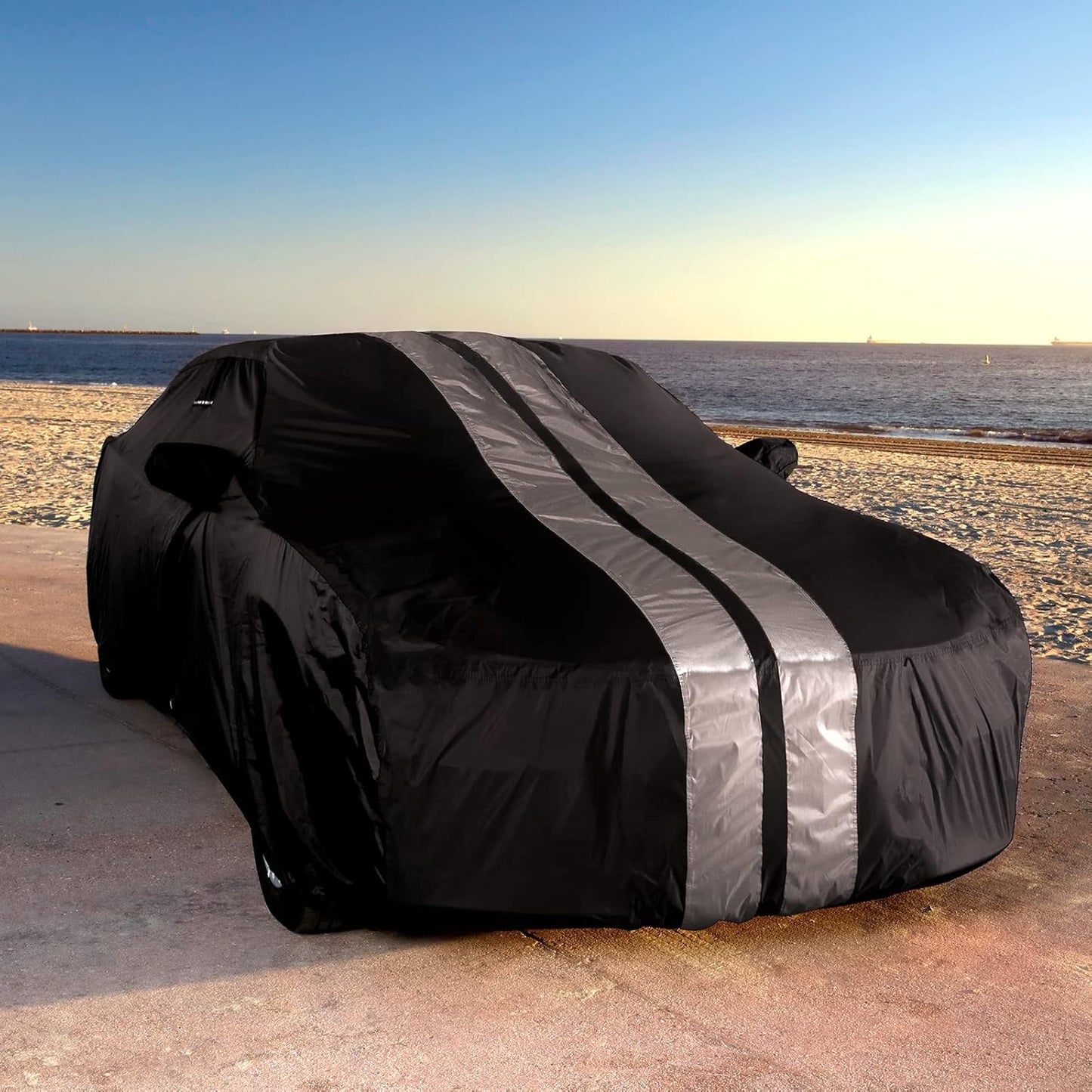 iCarCover Custom Car Cover for 2010-2024 Chevy Camaro LT, LS, RS, SS Waterproof All Weather Rain Snow UV Sun Protector Full Exterior Indoor Outdoor Car Cover (Stripe - Black/Gray)
