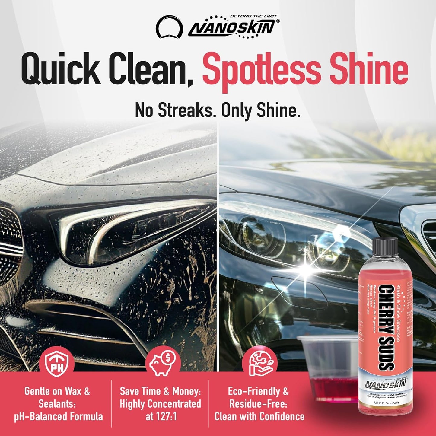Nanoskin CHERRY SUDS Foaming Car Wash Shampoo 30 Gallons- Works with Foam Cannon, Foam Gun, Bucket Washes, Car Soap for Pressure Washer | Safe for Cars Trucks, Motorcycles, RVs & More | Cherry Scented