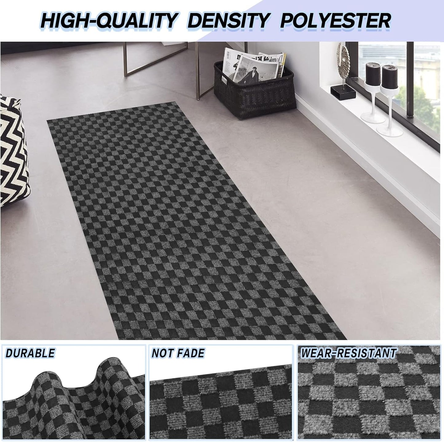 Custom Size Backed Non-Slip Area Rugs Runner, Easy Clean, Waterproof Runner Rugs for Hallway Entryway, Kitchen, Laundry, 2FT x 54FT, Gray Checkered