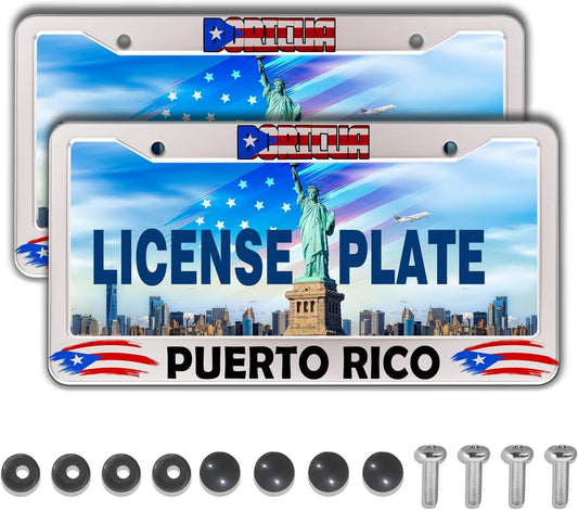 License Plate Holder for Women Multicolor License Plate Frames for Men Boricua Puerto Rico Aluminum Metal Car Accessory 2 Pack with Screw Covers Set