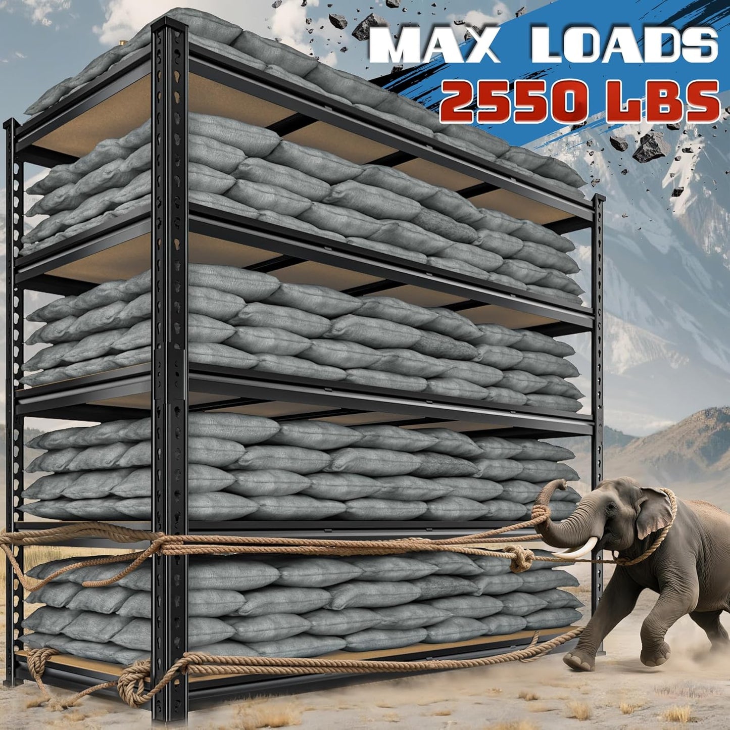 55" W Storage Shelves, 2550LBS Garage Shelving Heavy Duty, 5-Tier Heavy Duty Shelving, Adjustable Metal Shelving Unit for Garage, Warehouse, Pantry, Kitchen, 55" W × 24" D × 72" H, Black