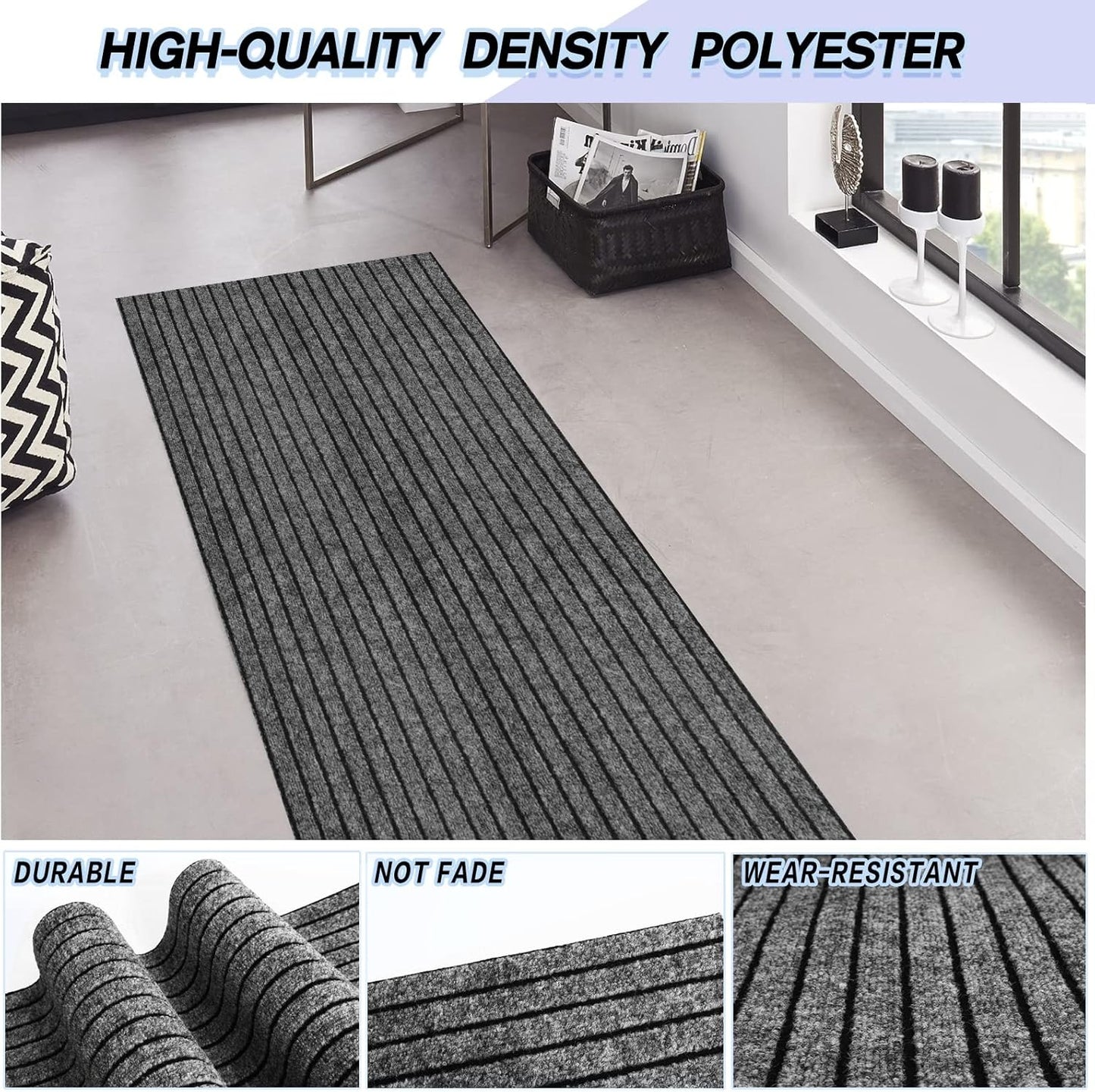 Custom Size Backed Non-Slip Area Rugs Runner, Easy Clean, Waterproof Runner Rugs for Hallway Entryway, Kitchen, Laundry, 2FT x 69FT, Gray Stripe