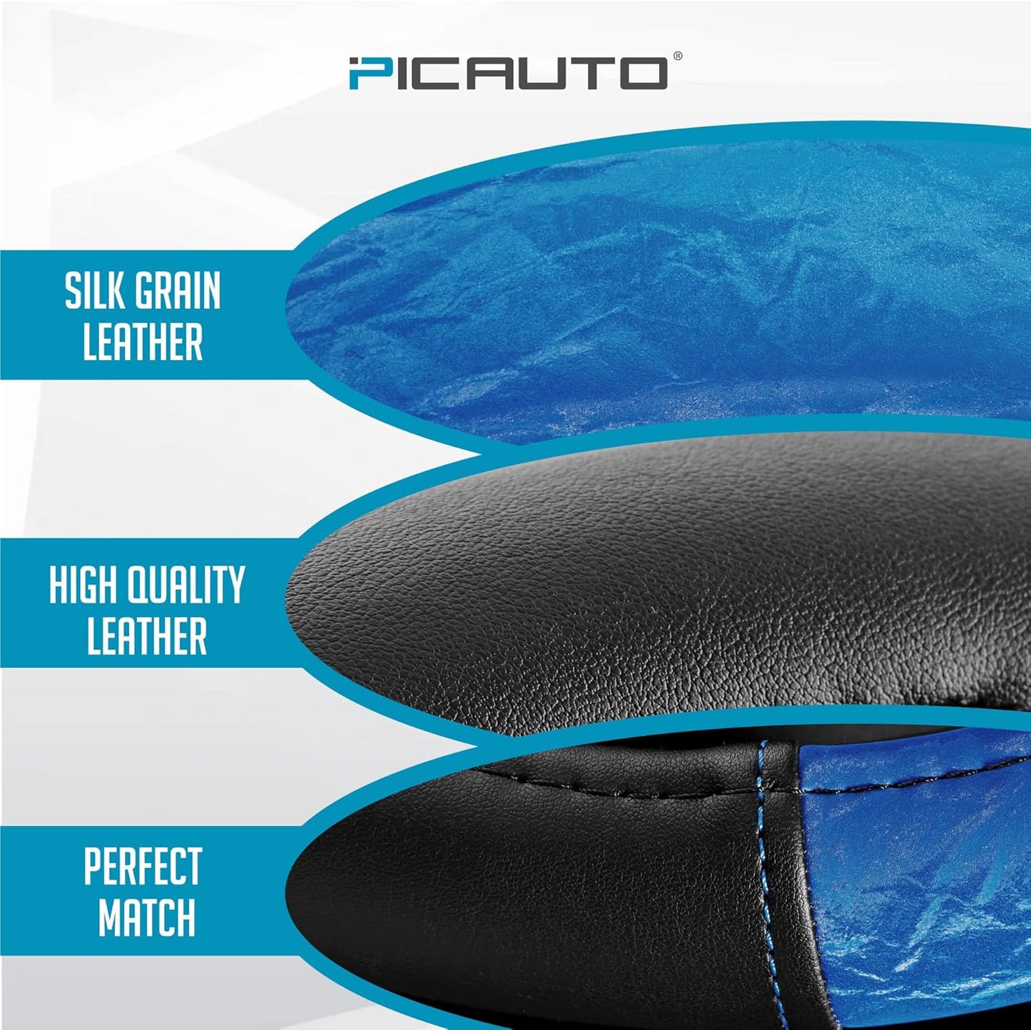 PIC AUTO Steering Wheel Cover, Silk Grain Leather Car Steering Wheel Protector, Comfortable Grip, Universal 14.5-15.5 Inch Anti-Slip Steering Wheels Accessories for Men & Women (Blue)