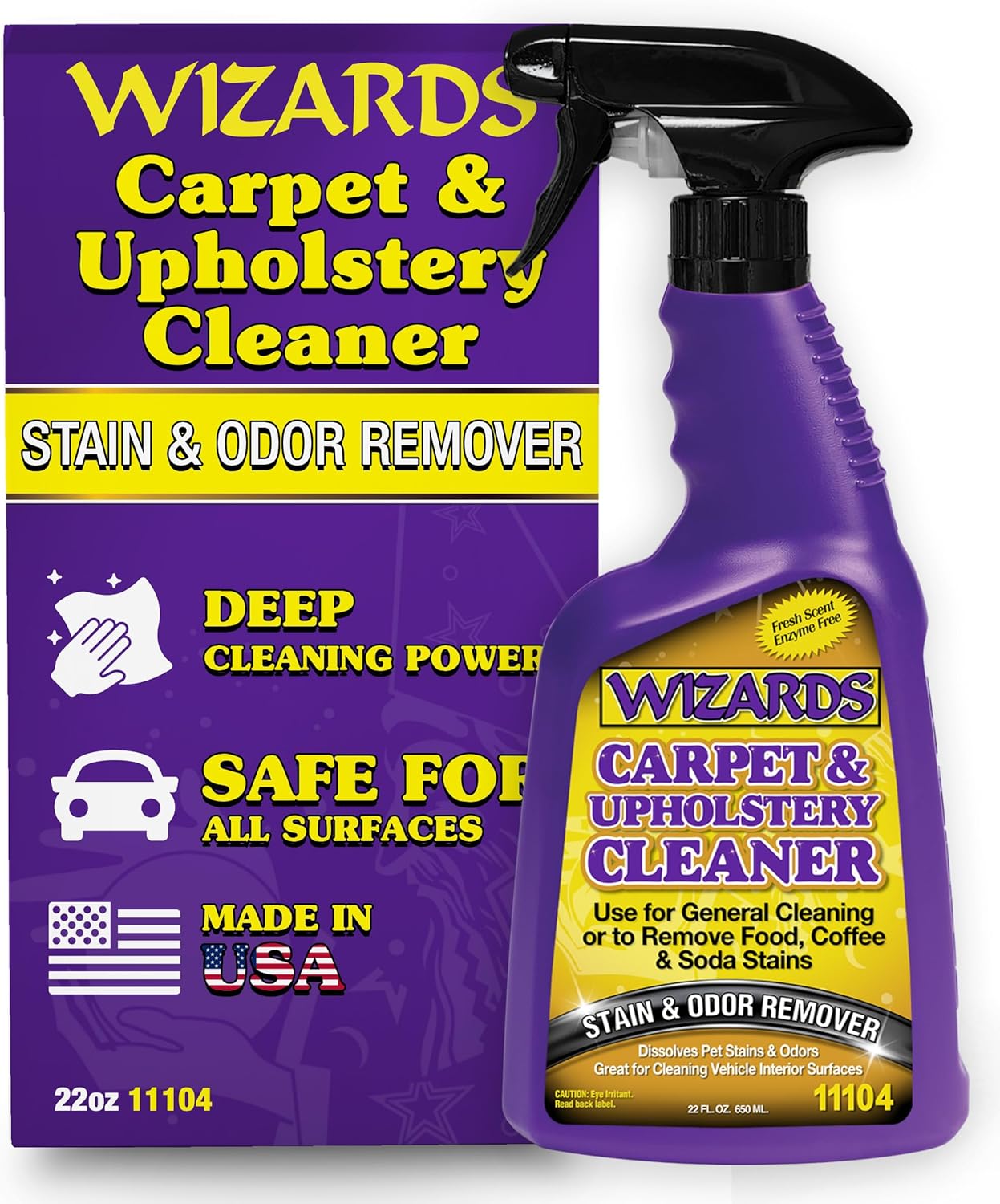 Wizards Carpet and Upholstery Cleaner - Fabric Cleaner Spray Solution for a Fresh & Clean Car - Pet Stain & Smell Remover and Natural Carpet Cleaner - Made in USA - 22 oz