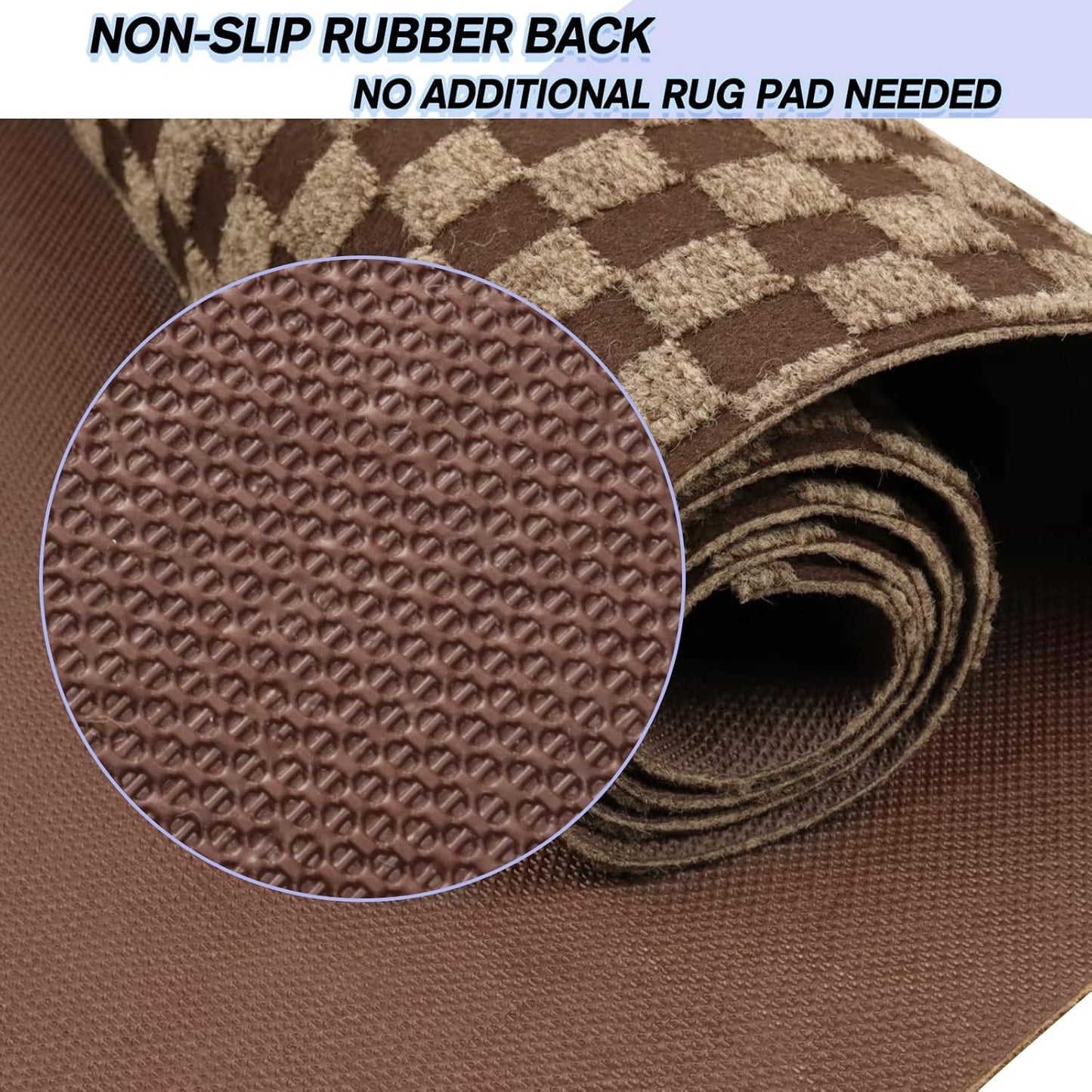 Custom Size Backed Non-Slip Area Rugs Runner, Easy Clean, Waterproof Runner Rugs for Hallway Entryway, Kitchen, Laundry, 2FT x 67FT, Brown Checkered