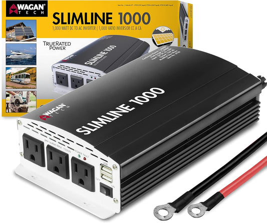 Wagan EL3720 1000W Slimline Plus AC to DC Power Inverter 1000 Watt TrueRated Continuous 2500 Watt Surge Power DC 12V to AC 110V Modified Sine Wave 3 AC Outlets and 2A USB Charging Port
