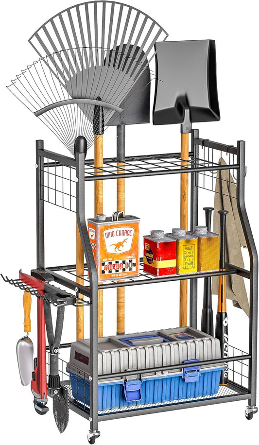 Ultrawall Garden Tool Organizer, Yard Tool Storage Stand for Garage with Lockable Wheels, Shed Tool Storage for Rake, Brooms, Indoor & Outdoor Use