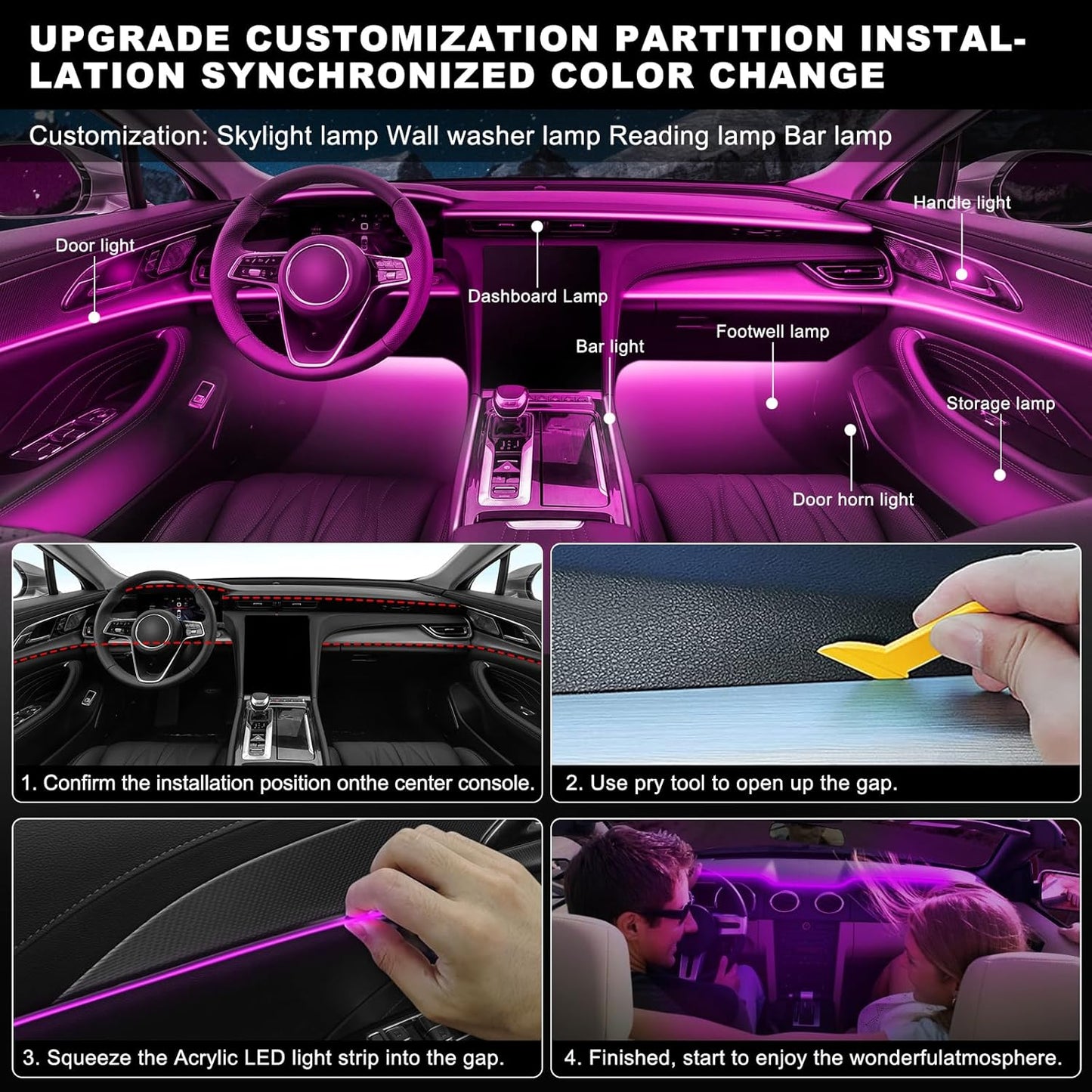 Acrylic Interior Car LED Strip Light with Wireless APP, RGB 14 in 1 with 175 inches 600 LEDs Fiber Optic Car Ambient Lighting Kits, 16 Million Colors Sound Active Function LED Strip for Car