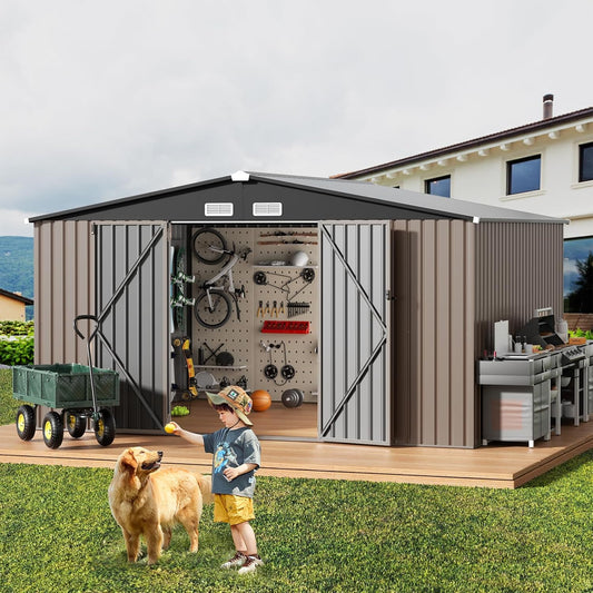 GVDV 10X12 FT Outdoor Storage Shed, Durable Metal Outside Storage for Garden, Patio and Backyard, Waterproof Shelter for Tools, Equipment