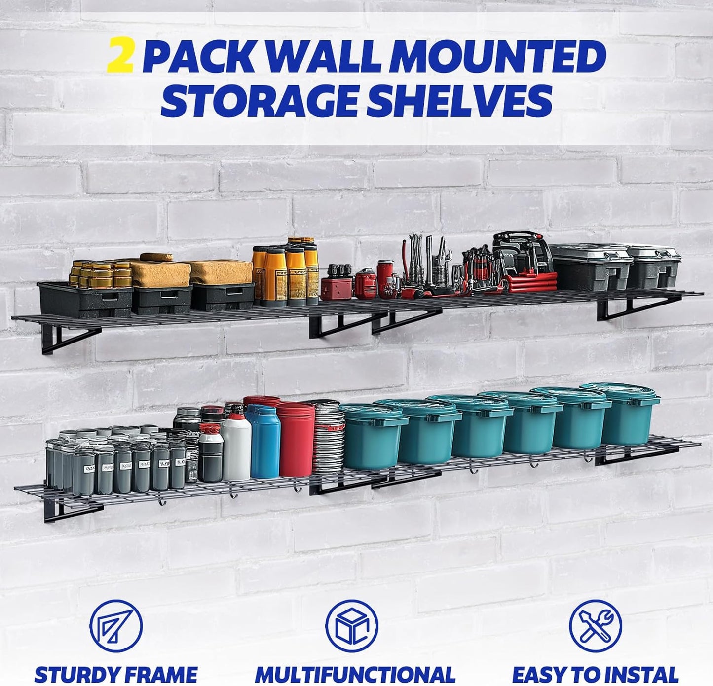 2-Pack Garage Wall Shelving, 2x6 FT Garage Shelving Wall Mounted, Heavy Duty Metal Shelves with 8 Bike Hooks, 1200lbs Load Capacity Floating Shelves, 24-inch-by-72-inch Wire Shelving Wall Mounted