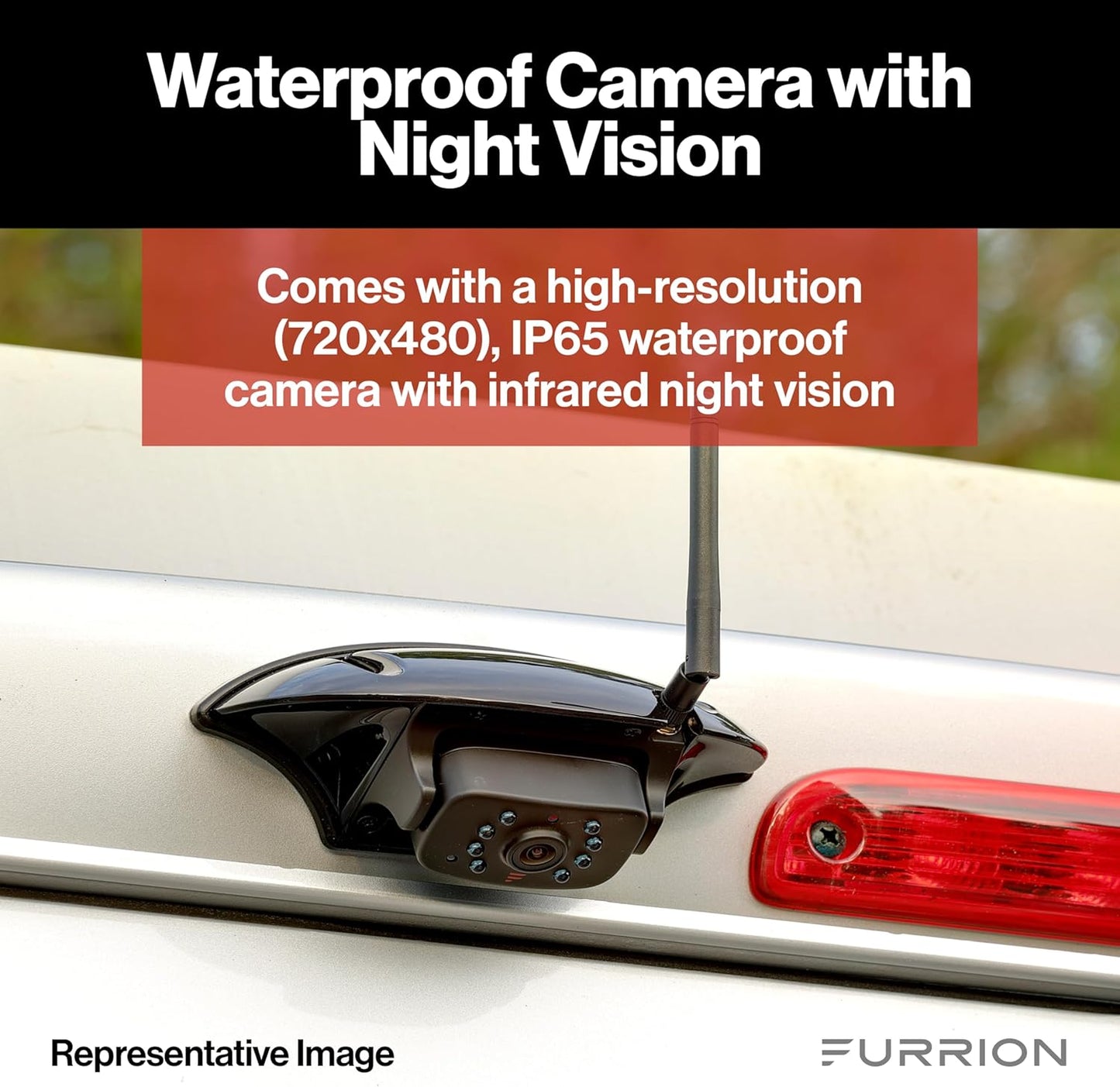 Furrion Vision S Wireless RV Backup Camera System with 4.3-Inch Monitor, 1 Rear Sharkfin, Infrared Night Vision, Wide-Angle View, Hi-Res, IP65 Waterproof, Motion Detection, Microphone - FOS43TASF