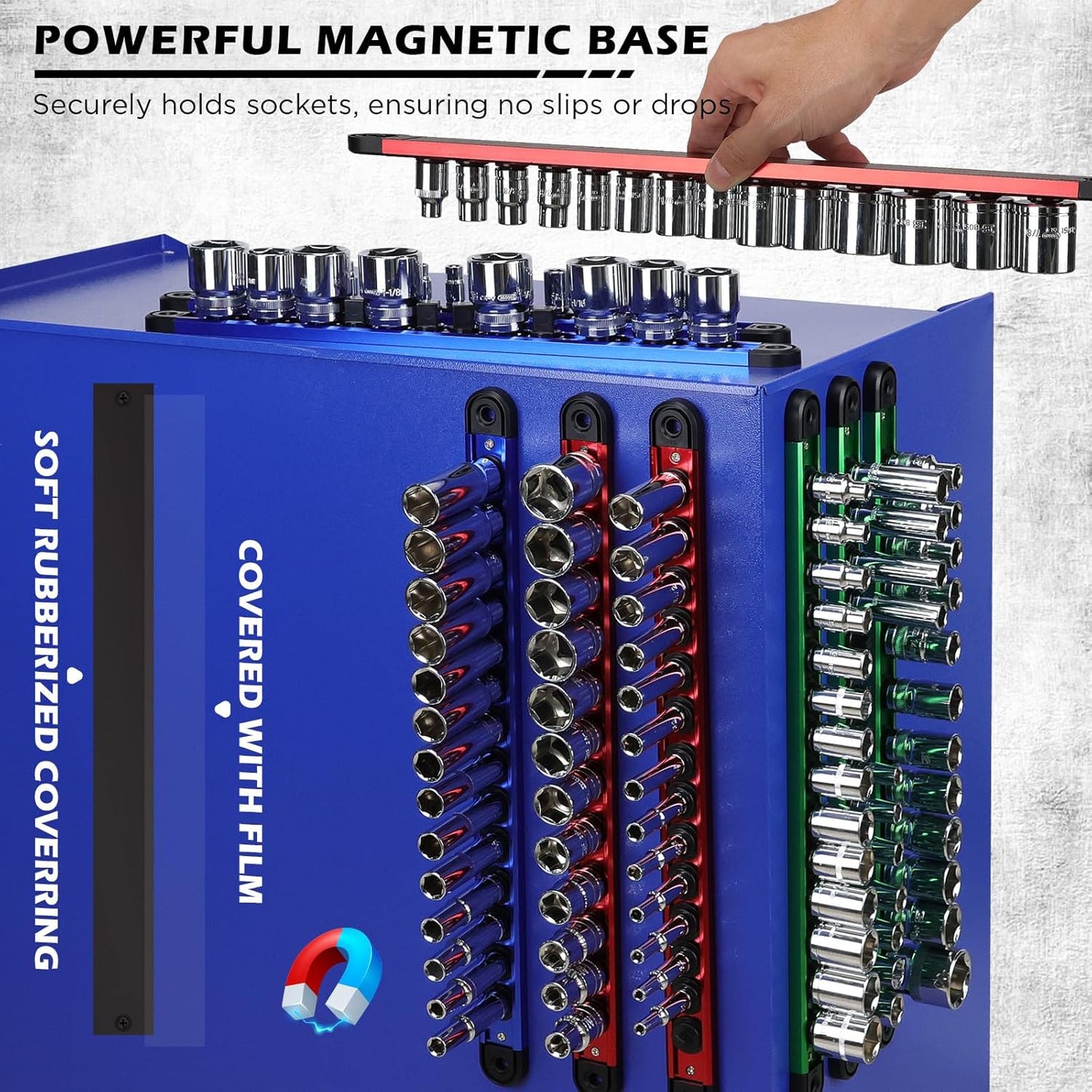 18-Piece Magnetic Socket Holder Organizer Set (Holds 240 Sockets), Heavy Duty 1/2, 3/8, 1/4-Inch Socket Racks Premium Quality Socket-Clip Rail Holder Aluminum Sockets Rack Kit for Tool Box Drawer