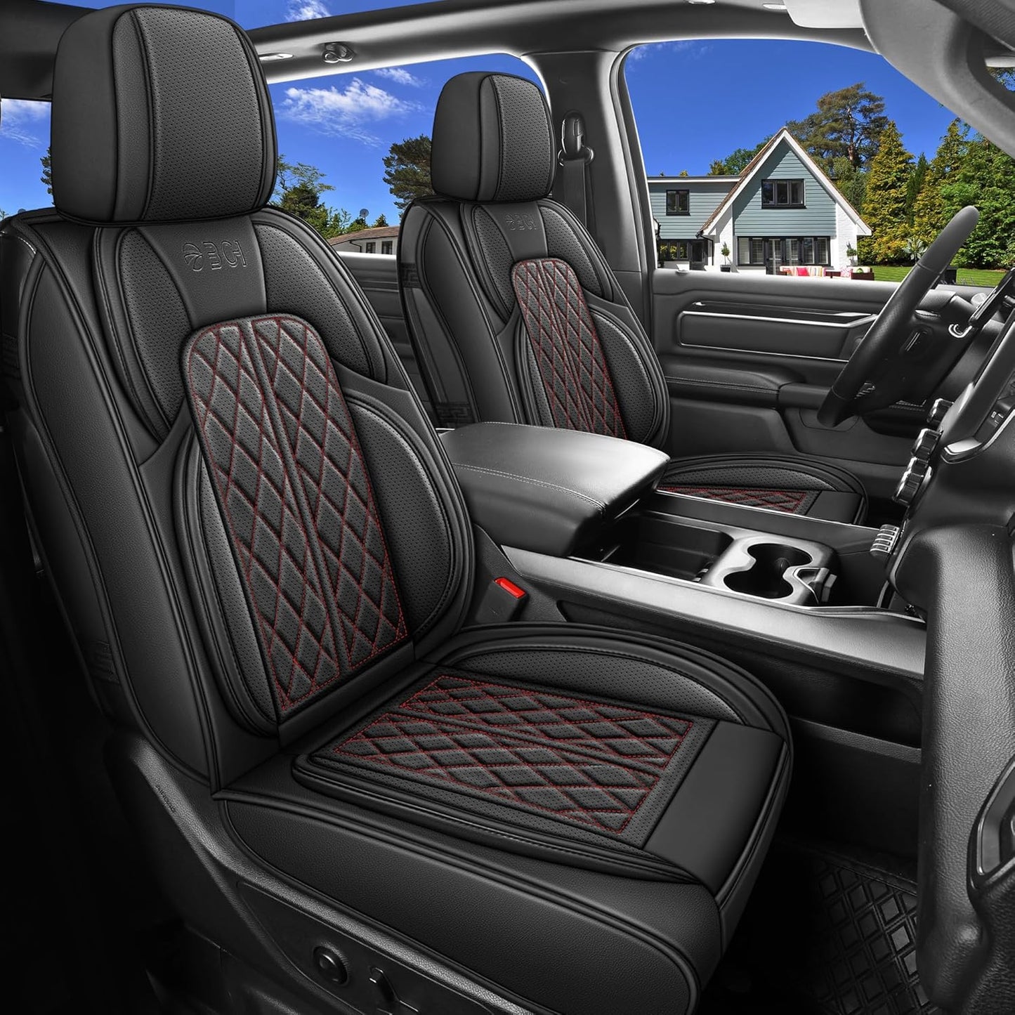 Car Seat Cover Custom Fit for Dodge Ram 1500 2500 3500 2002-2024 Faux Leather Seat Cover Set Compatible with Crew Quad Regular Cab Pickup Truck Cushions (Black Redline, Front Seat)