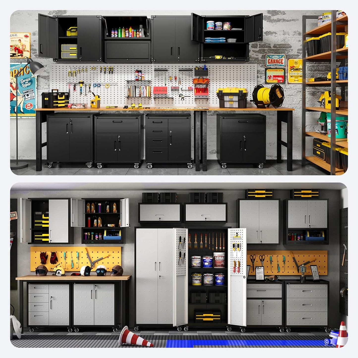 Metal Tool Cabinet,Garage Storage Cabinet System,Wall Cabinet & Locking Rolling Tool Cabinet with Doors and Adjustable Shelves,Steel Tool Cabinets for Home,Office (5 Pcs-StyleB, Black)