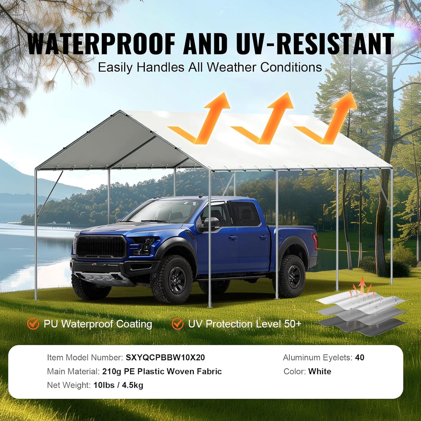 VEVOR 10x20' Canopy Replacement Cover Heavy Duty, Carport Garage Top Tent Shelter Tarp Waterproof & UV Protected, Easy Installation with 40 Free Ball Bungeess(Only Cover, Frame Not Include)