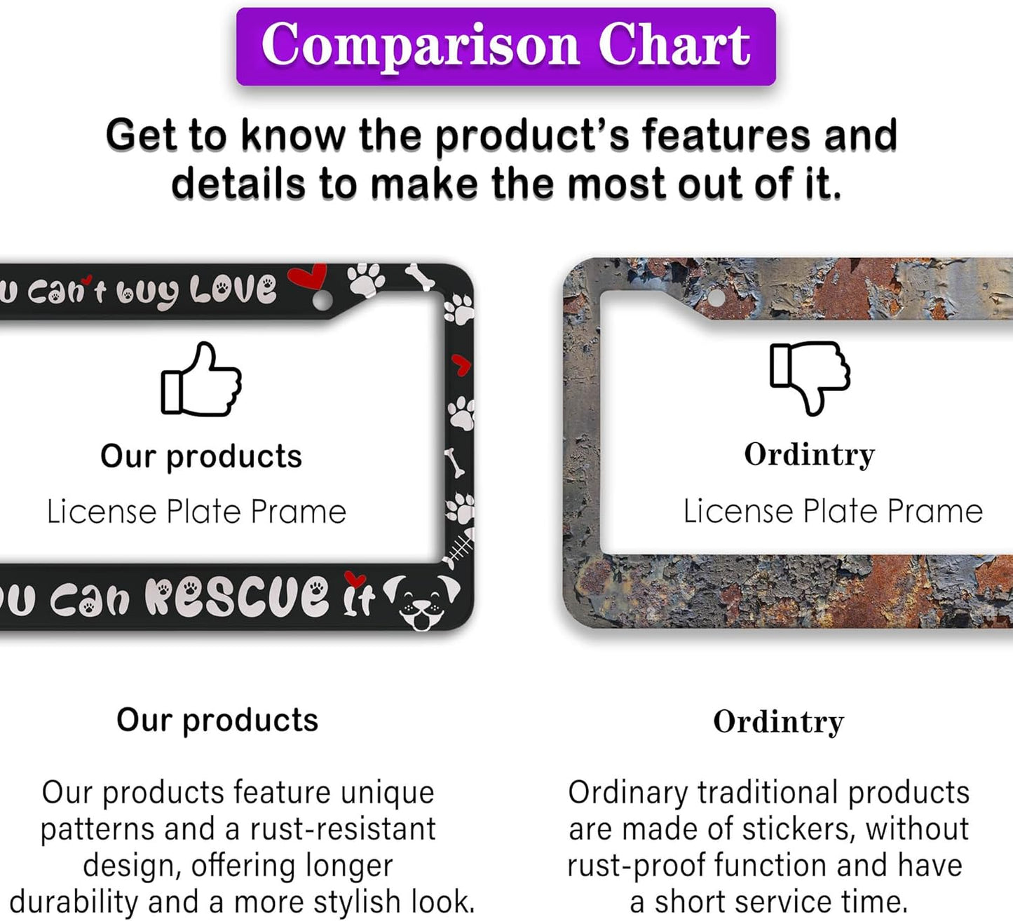 License Plate Frame Black and White Front License Plate Bracket You Can’t Buy Love, but You Can Rescue It Aluminum Metal Car Accessory 2 Pack with Screw Covers Set