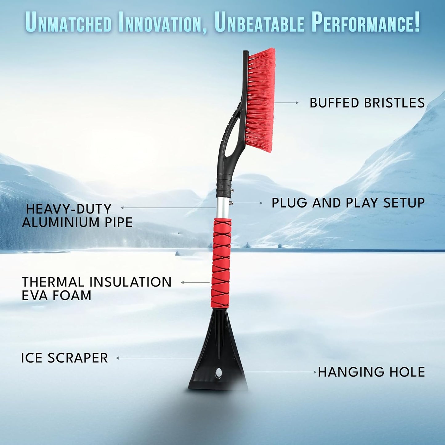 EcoNour 27" Aluminum Car Snow Scraper and Brush (Orange, Red & Blue) | Weaved Bristle Head with Metal Body Ice Scraper for Car Windshield | Tough Ice Scraper with Foam Grip Winter Accessory | 3 Pack