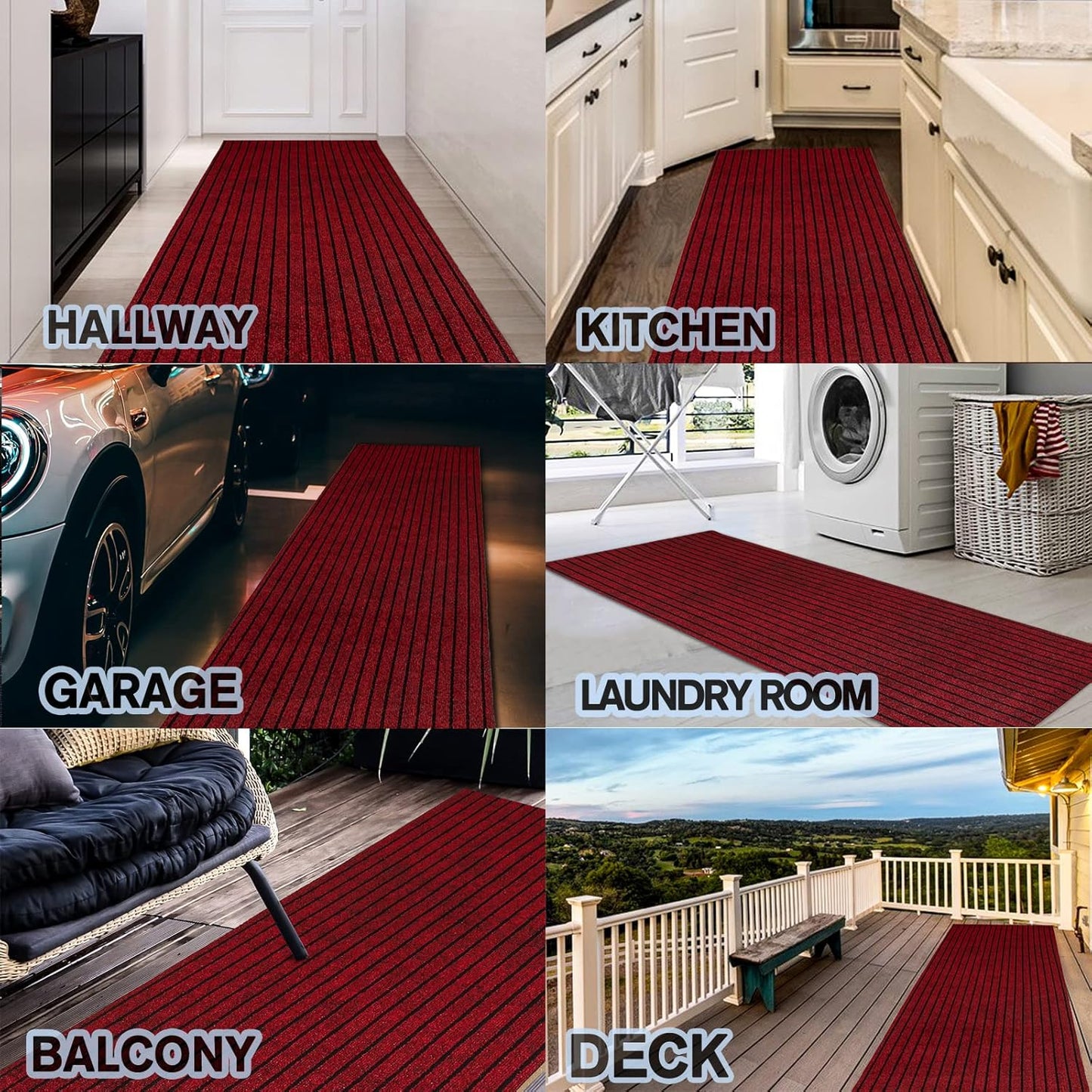 Custom Size Backed Non-Slip Area Rugs Runner, Easy Clean, Waterproof Runner Rugs for Hallway Entryway, Kitchen, Laundry, 2FT x 52FT, Red Stripe