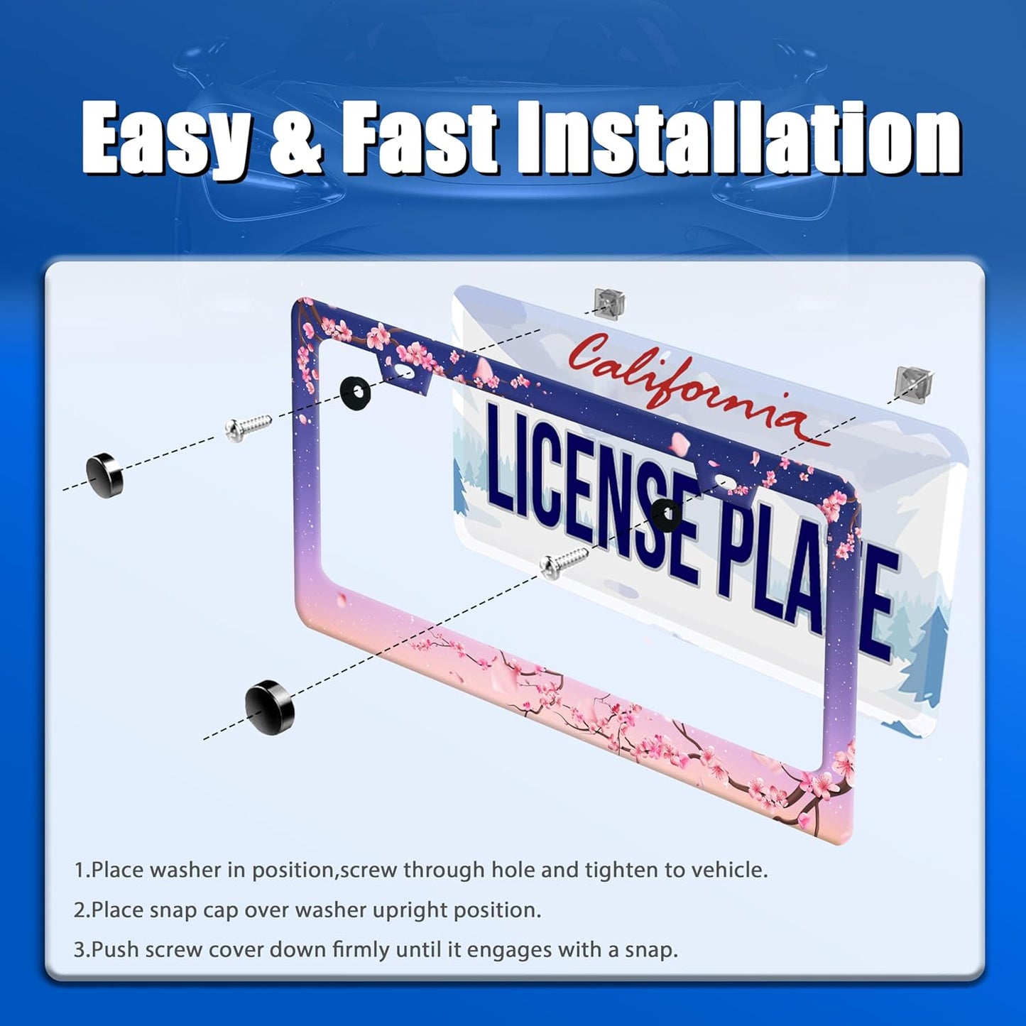 Cherry Blossom License Plate Frame Pink Flowers Floral License Plate Stainless Steel Funny License Plate Holder Women Car Accessories Decoration with Screws Fits Standard Vehicles Size 12.3" x 6.3"