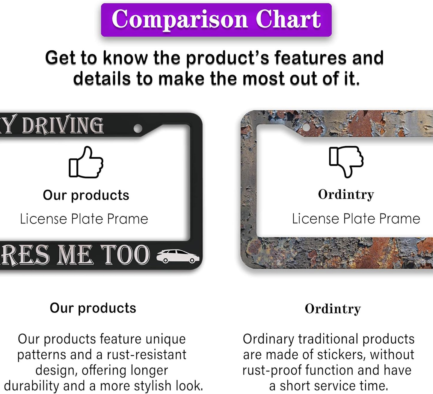 Fun License Plate Frame Cover Black and White License Plate Frames My Driving Scares Me Too Universal Aluminum Car Accessory 2 Pack with Screw Covers Set