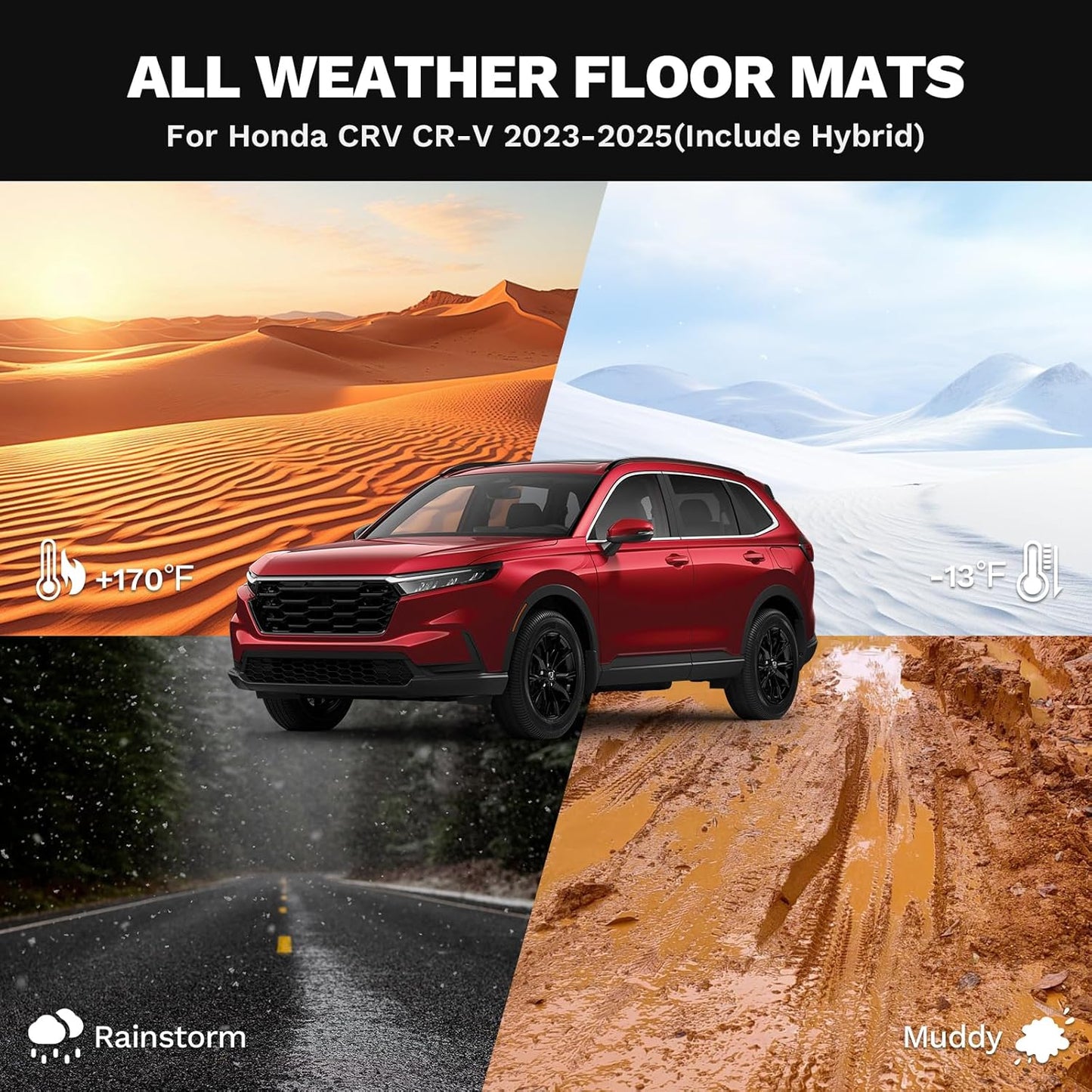 Powerty Floor Mats for Honda CR-V 2023 2024 2025(Include Hybrid) Accessories All Weather Car Floor Mats, 3D TPE Anti-Slip Liners for Car, 1st & 2nd Row Black