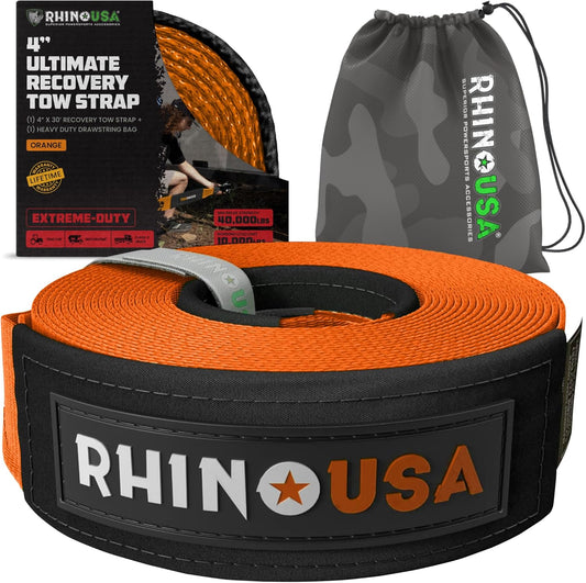 Rhino USA Recovery Tow Strap (4"x30') - 40,320lb Break Strength - Emergency Recovery Strap Tow Rope for Diesel Trucks, Backhoe, Excavators & More - Heavy Duty Towing Strap for Offroad 4x4 Use (Orange)