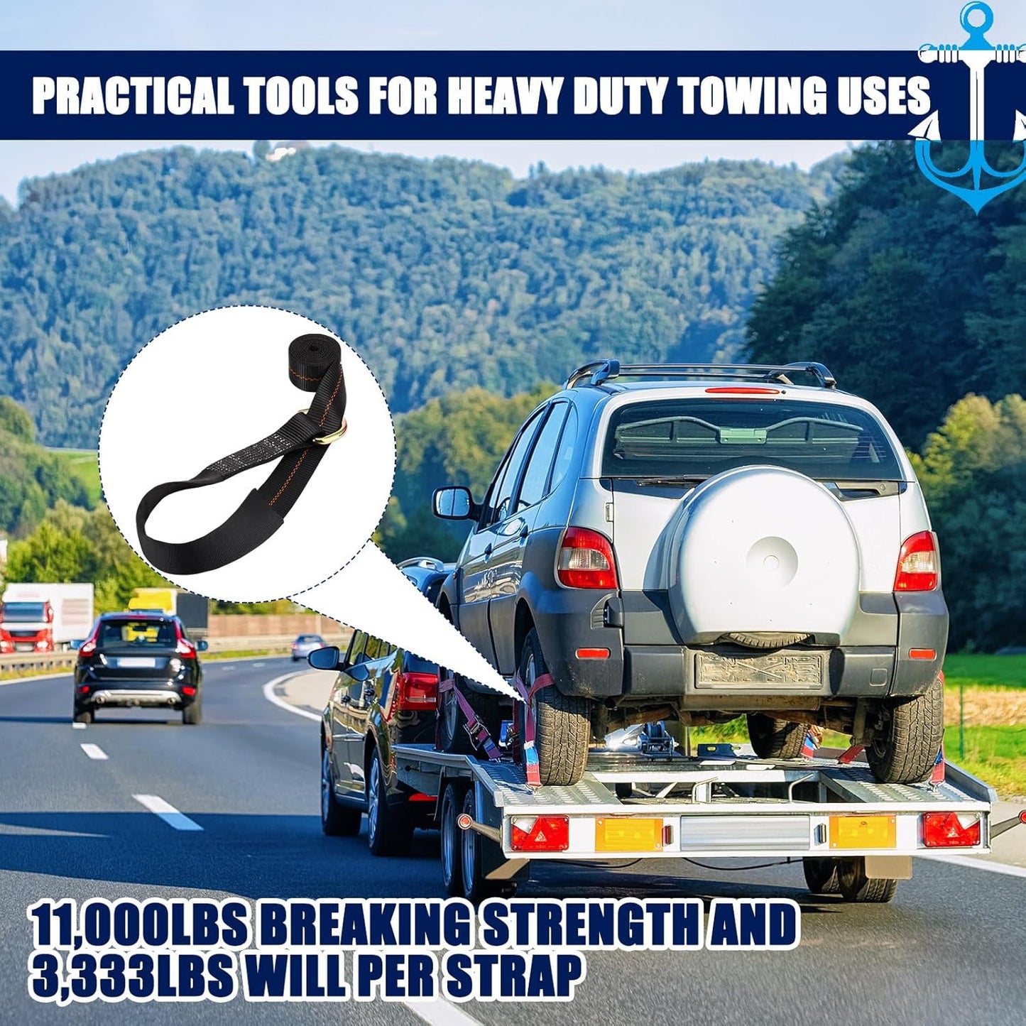 8Pack 2'' X 8ft Tow Truck Straps Lasso Wheel Lift Straps Lasso Tow Strap with D Ring 11, 000 Lbs Break Strength Auto Tie Down Auto Hauler for Trailer Truck Tie(Black)