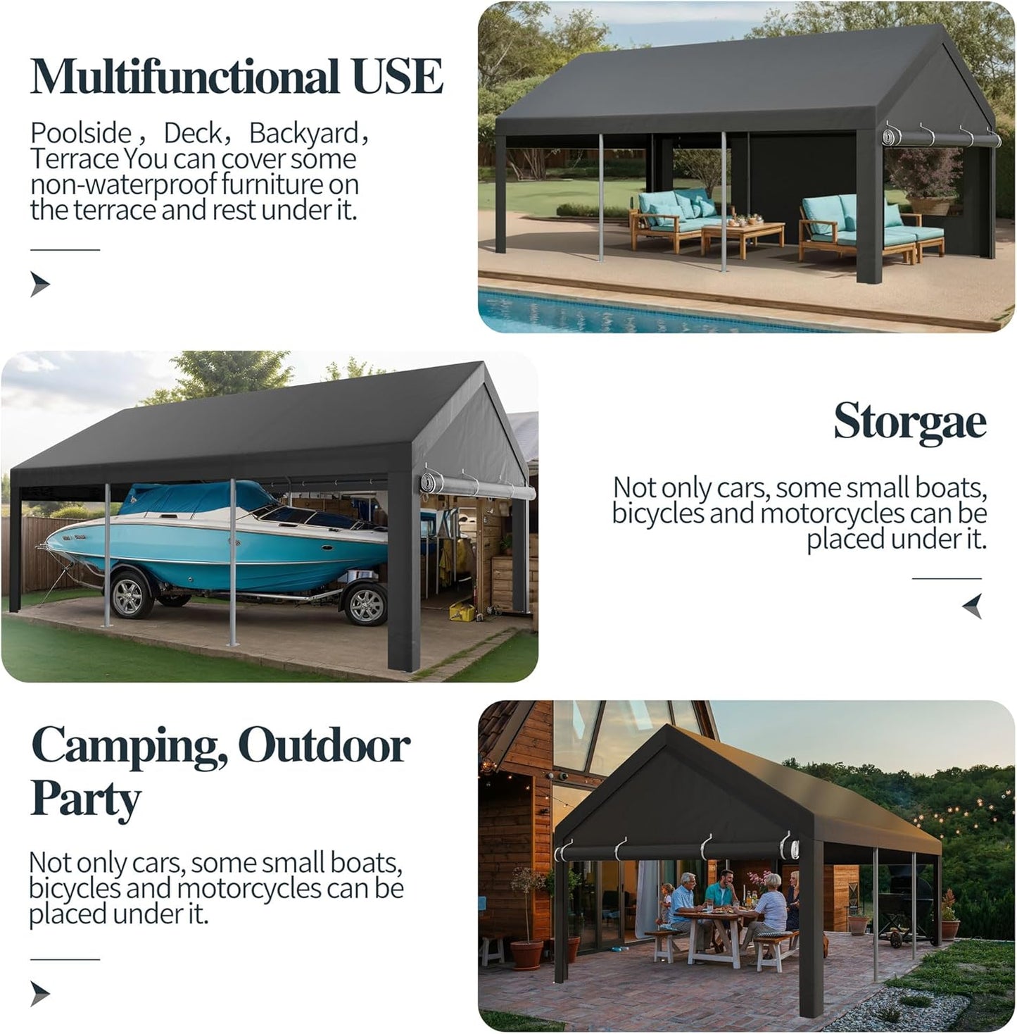 Shintenchi Carport 10' x 20' Heavy Duty Portable Garage, Car Port Canopy with Side-Opening Removable Door & Roll-Up Windows, Car Canopy for Truck,Car,Boat,Motorcycle,Grey