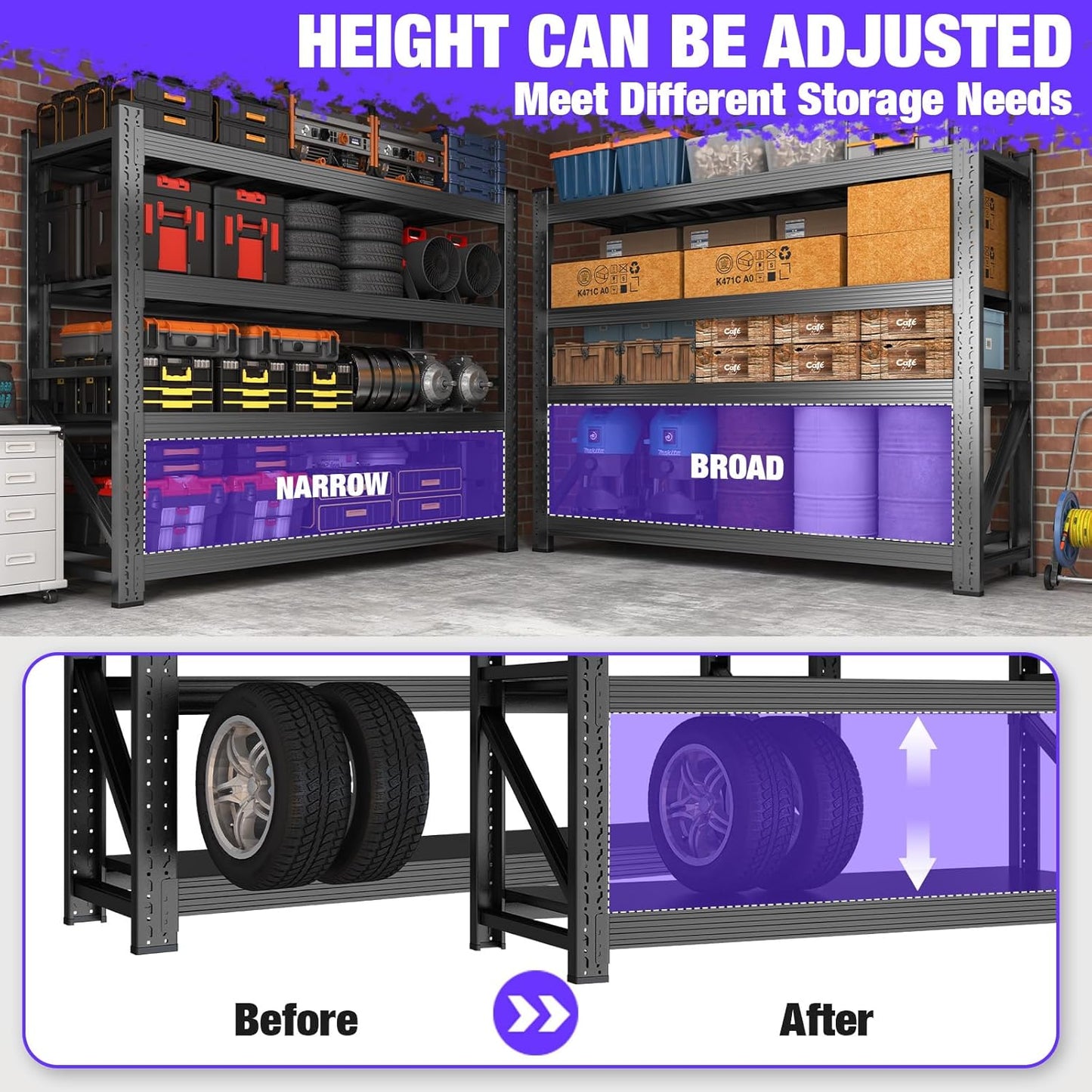 6000LBS Garage Shelving Heavy Duty, 4-Tier 59" W Storage Garage Shelves, Industrial Adjustable Metal Shelving Units for Garages, Warehouses, Kitchen, Black, 59" W x 24" D x 59" H