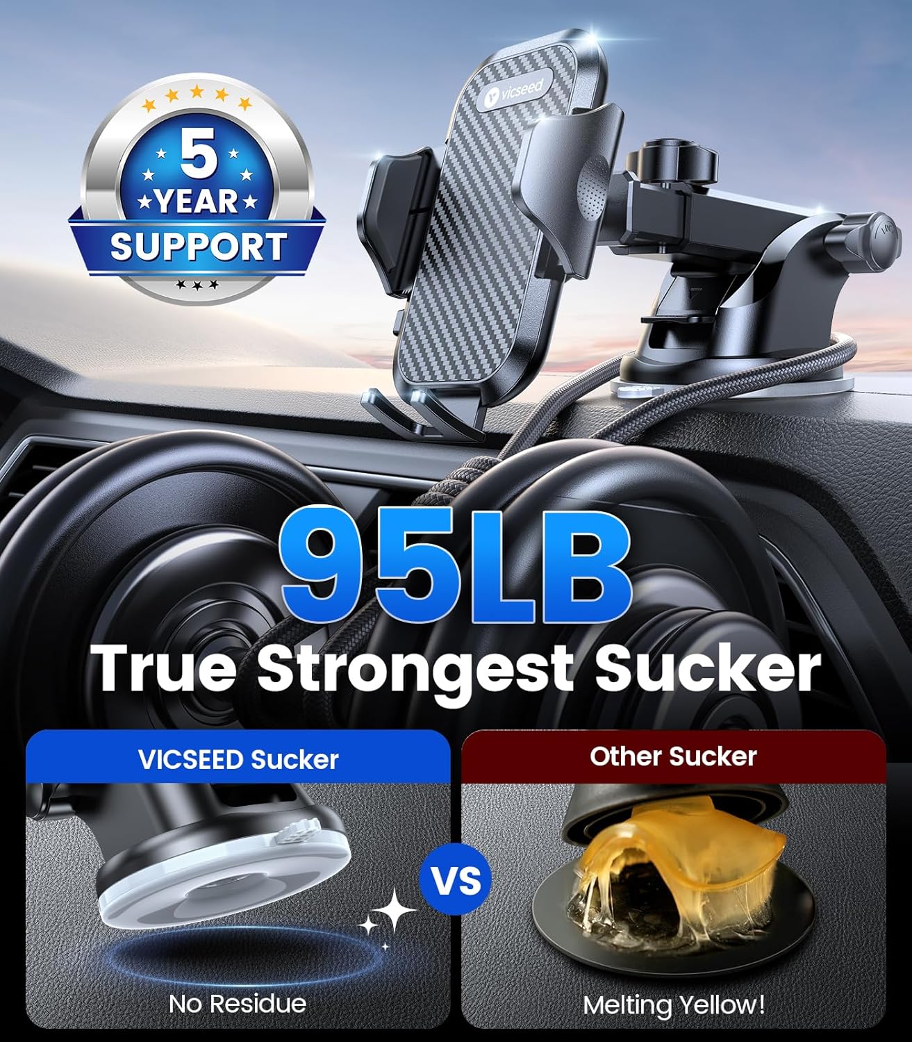 VICSEED Strong Suction Car Phone Holder [Ultra-Stable for Heavy Phones & Thick Cases] 3-in-1 Dashboard Windshield Vent Cellphone Mount, Military-Grade Truck Boat Cradle Universal for iPhone & Android
