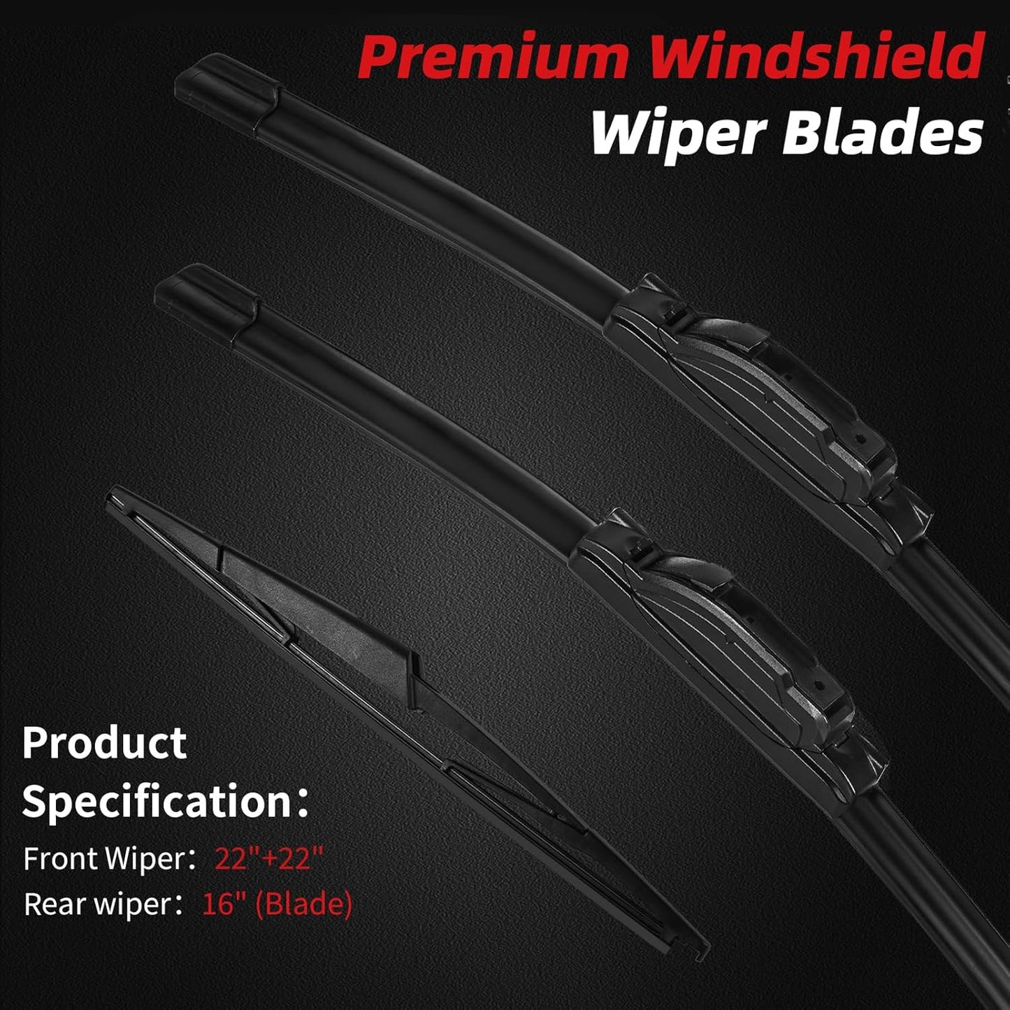 OTUAYAUTO Premium Windshield Wiper Blades - Replacement for Ford Expedition 2009-2016 - Precision Fit, All-Weather Performance, Front and Rear Wiper Blades, J/U Hook - 22"+22"+16" (Pack of 3)