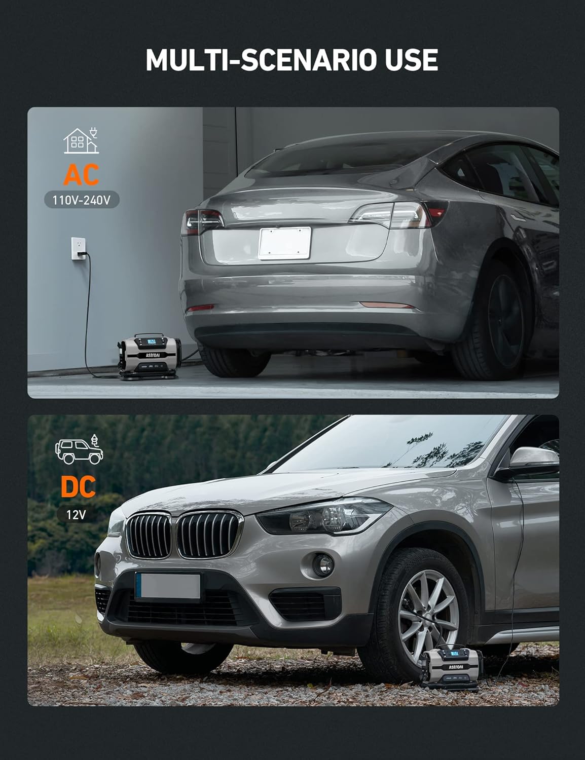 AstroAI Tire Inflator Portable Air Compressor Pump 150PSI 12V DC/110V AC with Dual Metal Motors &LED Light, Automotive Car Accessories&Two mode for car, bicycle tires and air mattresses, Gray