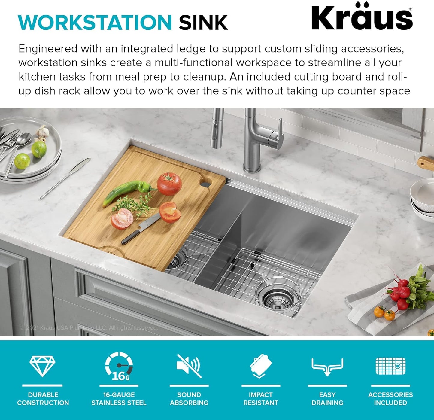 KRAUS Kore Workstation 30-inch Undermount 16 Gauge Stainless Steel Kitchen Sink, Double Bowl Kitchen Sink with Accessories, KWU112-30