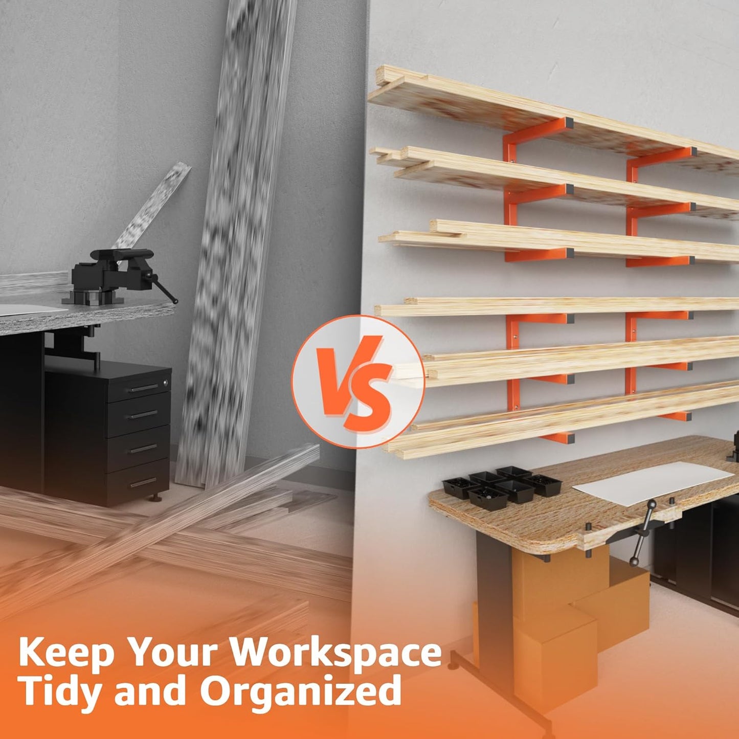 YYR Wood Organizer and Lumber Storage Rack Wall Mount, Heavy Duty Metal Shelf with 6-Level Holds Up 1200 LBS, Indoor & Outdoor Use - Orange