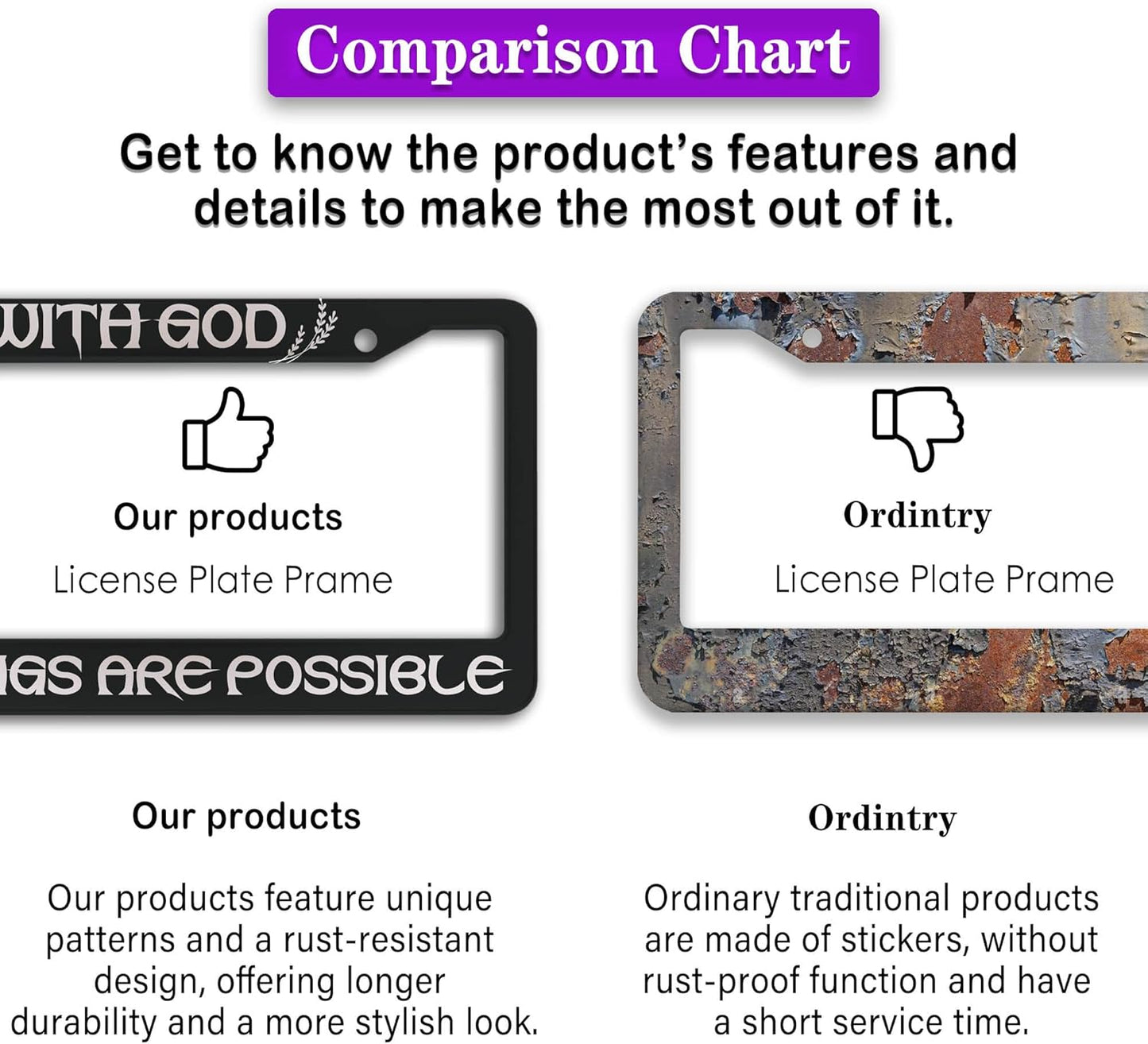 License Plate Frame Black and White Front License Plate Bracket with God All Things are Possible Universal Aluminum Car Accessory 2 Pack with Screw Covers Set