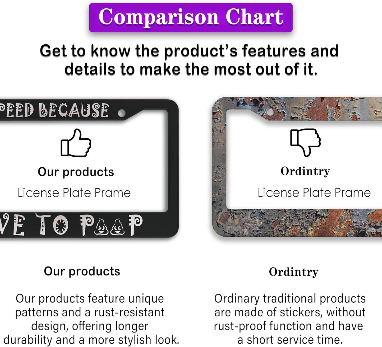 License Plate Frame Black and White Front License Plate Bracket I Speed Because I Have to Poop Aluminum Metal Car Accessory 2 Pack with Screw Covers Set