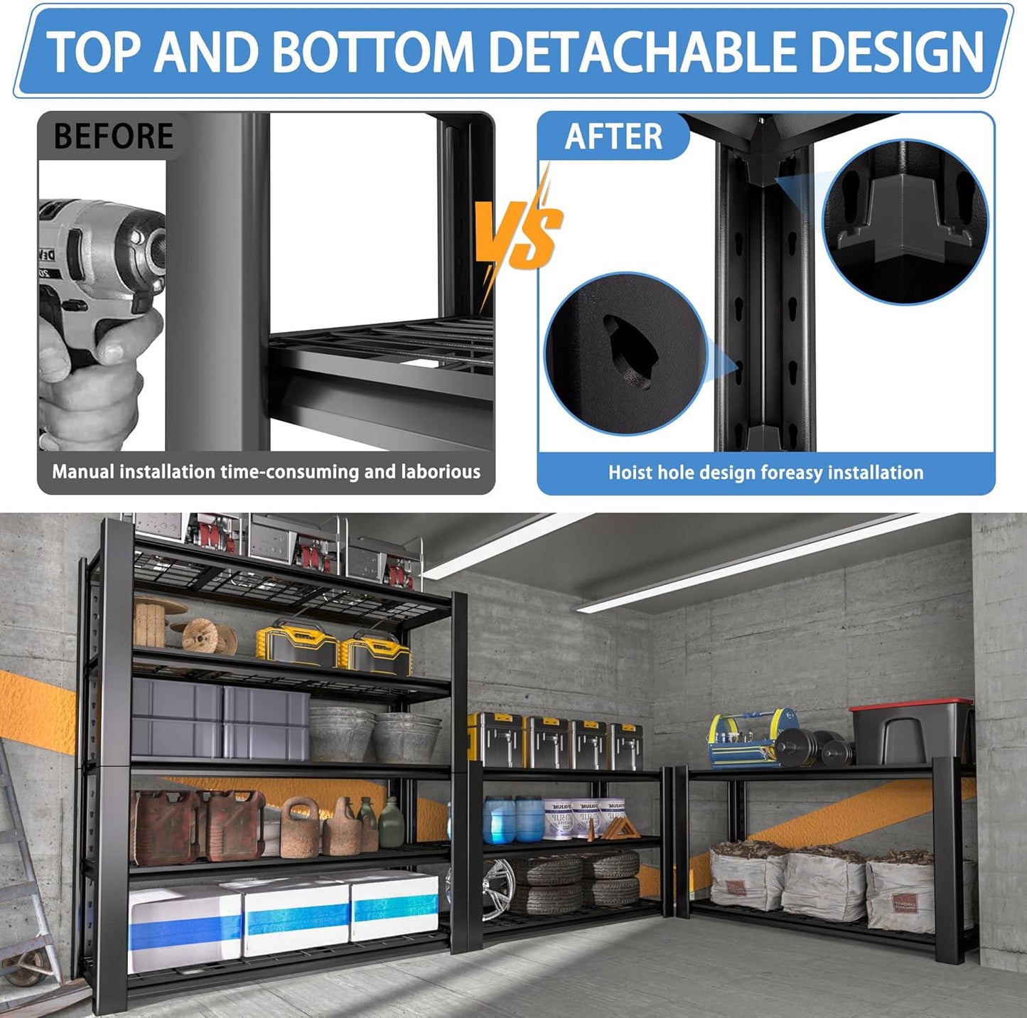 5-Tier Heavy Duty Garage Shelving Unit with Wire Shelves,3000 LBS Capacity Metal Storage Rack 76"H x 60"W x 24"D,Adjustable Boltless Steel Shelves for Garage,Basement,Pantry,Warehouse.2 Pack