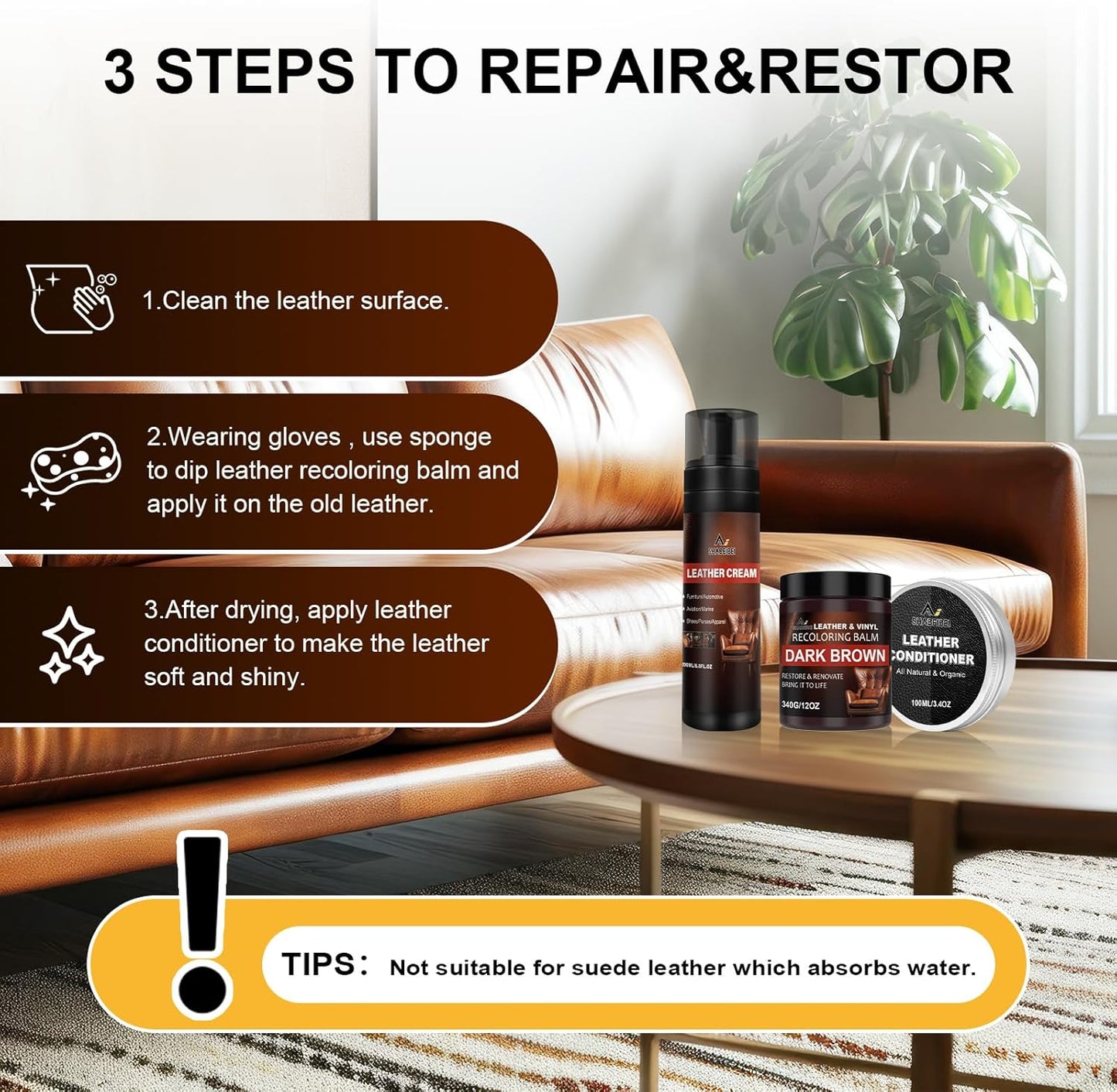 Leather Recoloring Balm Set,Leather Cleaner Restore Conditioner Mink Oil for Leather Repair Kit for Furniture Couches -Revives Repairs Scratches Leather Dye Furniture Polish (Beige)