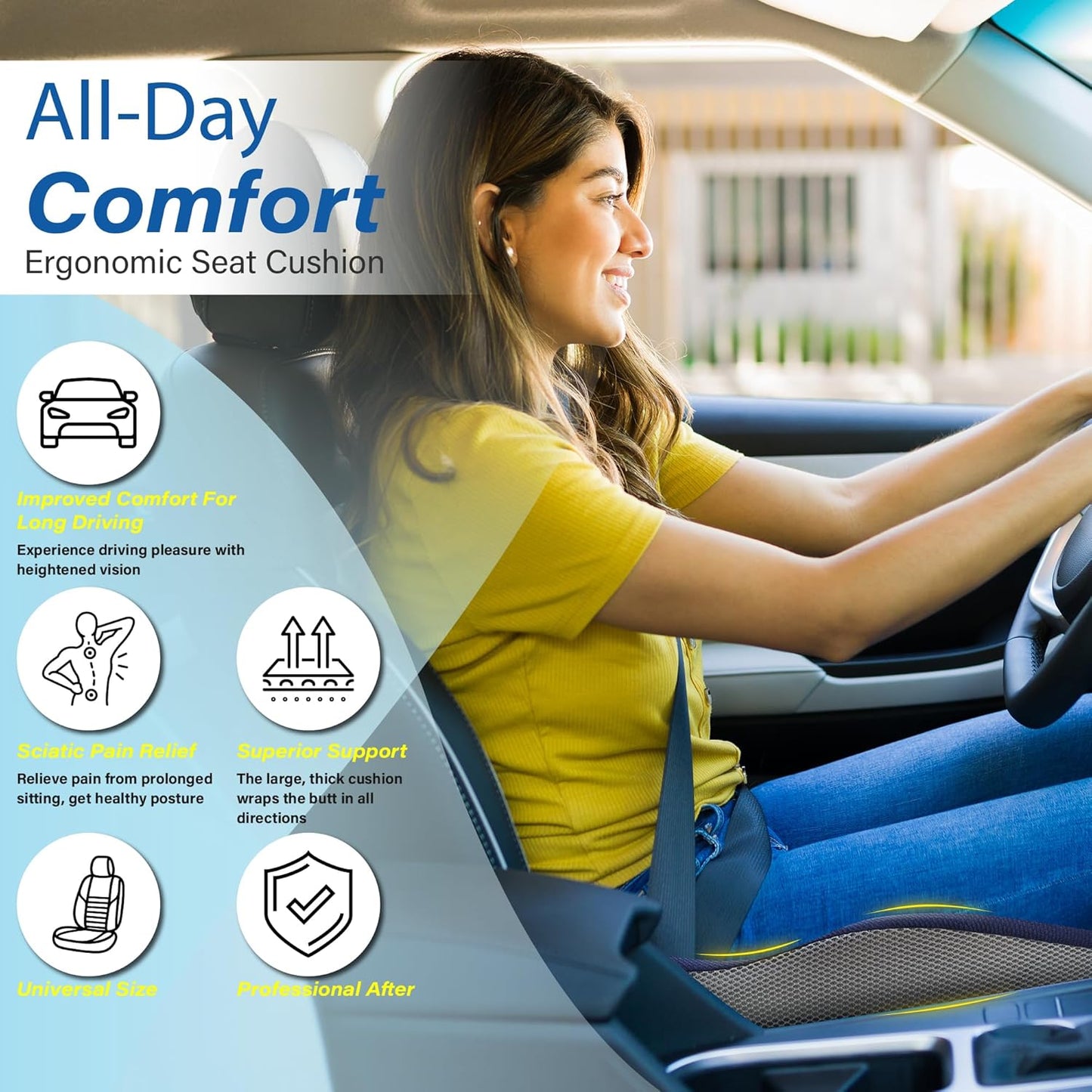 Car Seat Cushion, Ergonomic Memory Foam Car Cushion for Sciatica Pain Relief, Larger Driving Seat Pillow for Short Drivers on Long Drives - Butt Pillow for Truck, Office, Wheelchair - Blue&Gray