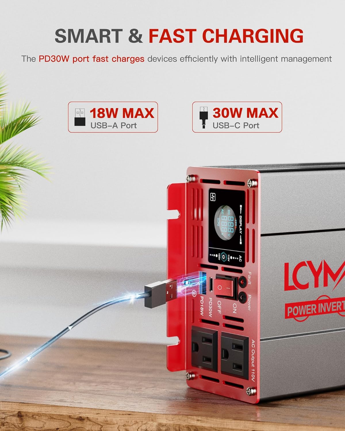 1000 Watts Pure Sine Wave Power Inverter 12V DC to 110V 120V AC Converter for Home RV Off Grid Truck Solar System Inverters with Type-C PD30W USB QC3.0 Port 2 AC Outlets LCD Display and Remote Control