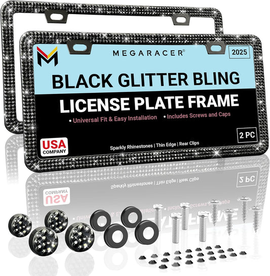 Elegant Bling License Plate Frames for Women - 2 Pack, 1600 Premium Black Rhinestones, Rust-Free Stainless Steel, Street Legal Slim Design, Sparkly Diamond Car Tag Holders with Glitter Crystal Covers