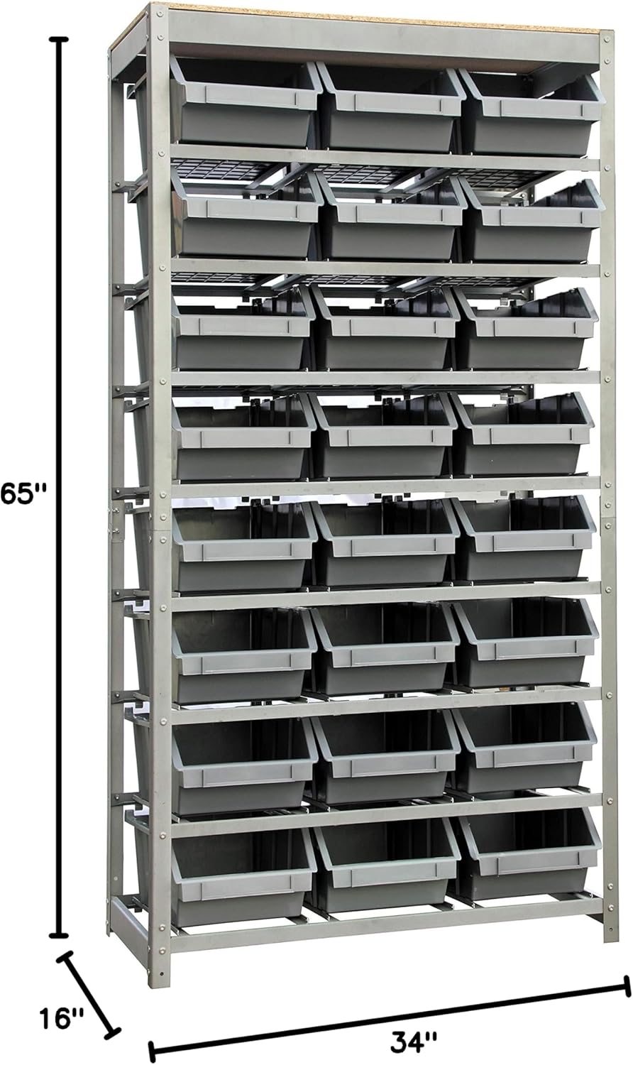 King's Rack Bin Rack Storage System Heavy Duty Steel Rack Organizer Shelving Unit w/ 24 Plastic Bins in 8 Tiers